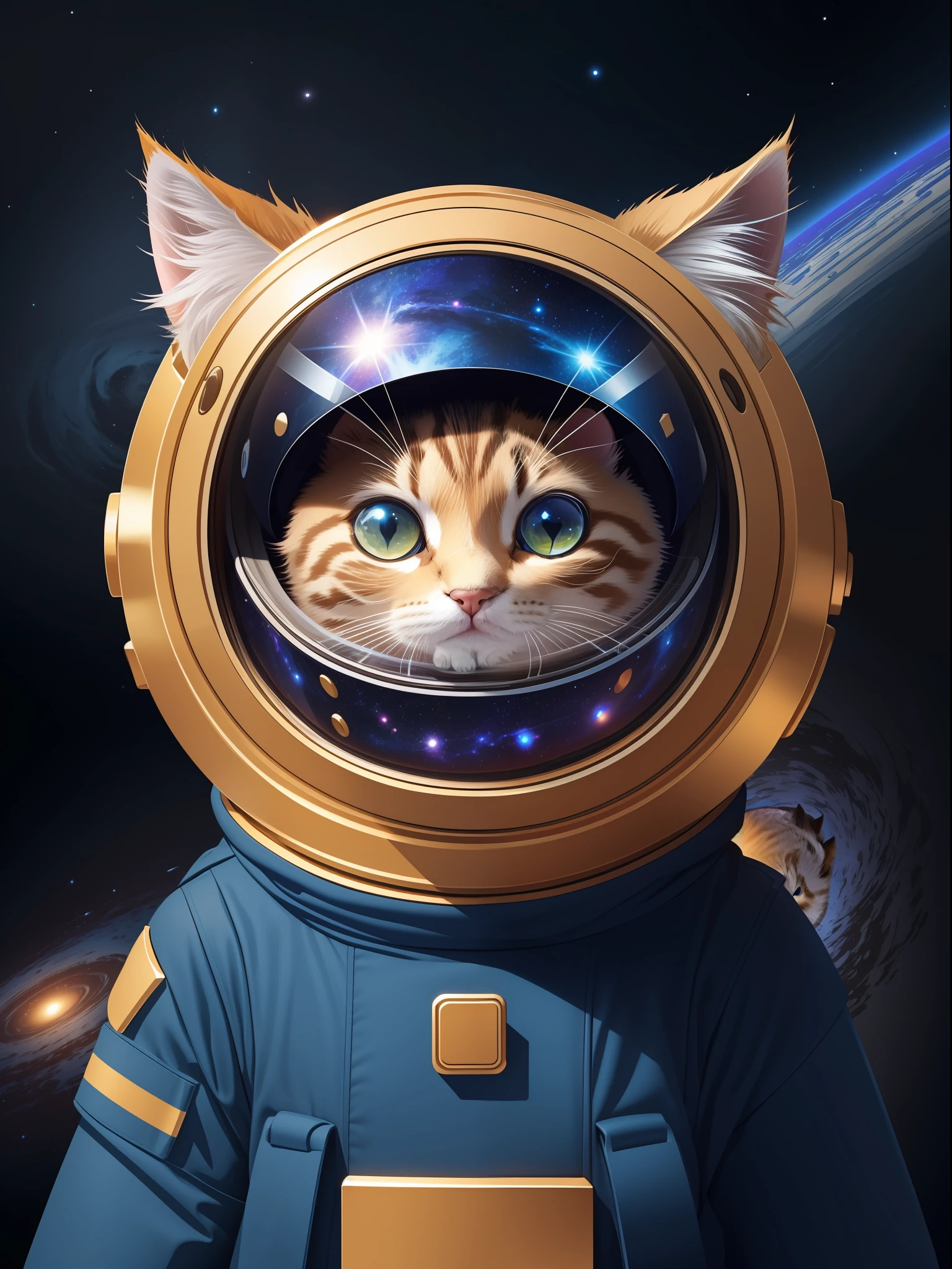 A Galaxy-themed dessign featuring a cute kitten wearing a space helme, vector art, flat color