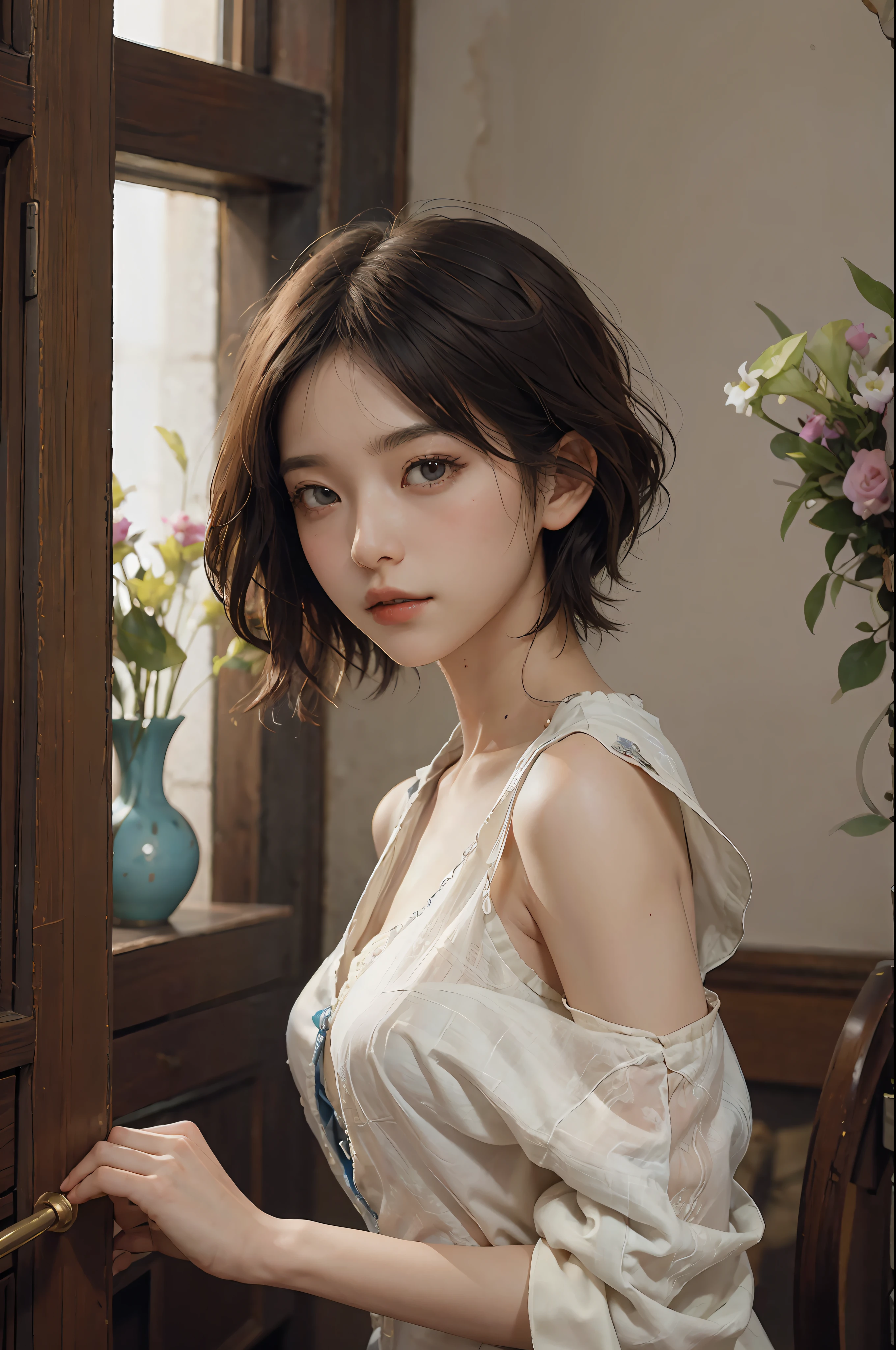 (RAW Photography、top-quality)、(realisitic、Photorealsitic:1.3)、top-quality、high-detail、masterpiece、ultra-detailliert、illustratio、1girl、((very_short_hair))、dynamic ungle、world masterpiece theater、((Regular_hairstyle))、top-quality、the Extremely Detailed CG Unity 8K Wallpapers、inky、magnifica、电影灯光、lens_flare、dunhuang_style、Beautiful brick wall、vases、Hotels in London