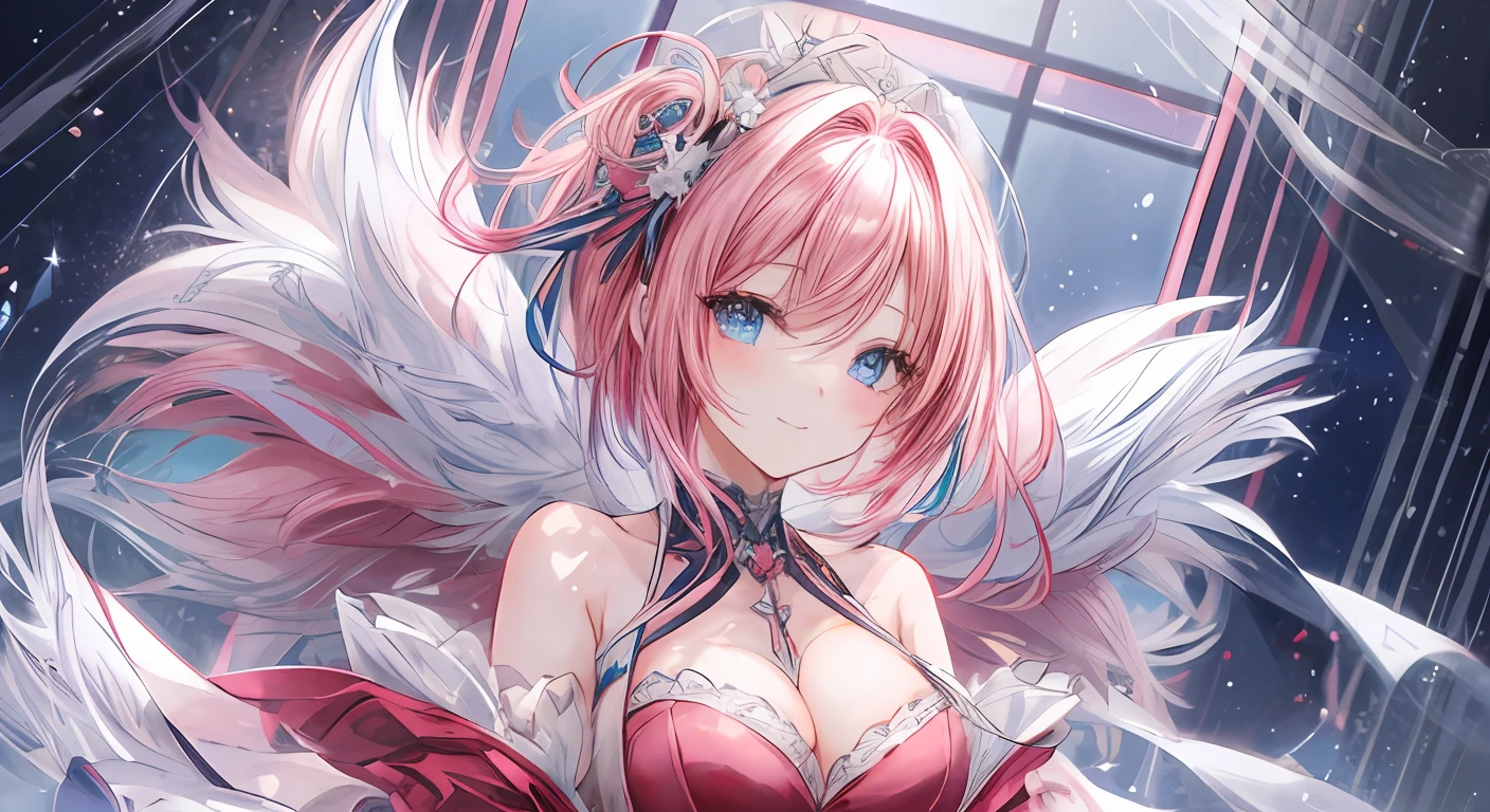 (A beautiful anime girl with short, vibrant pink hair and captivating blue eyes, sitting gracefully. She is wearing lingerie, radiating elegance and charm. Her smile brightens up the room, complementing her fair and flawless complexion.)