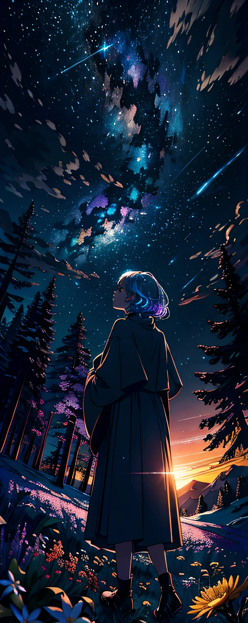 Expansive landscape photograph, (view from below with a view of the sky and the wilderness below), standing in a flower field looking up, (full moon: 1.2), (shooting star: 0.9), (nebula: 1.3), distant mountain, tree break production art, (warm light source: 1.2), (firefly: 1.2), lamp, purple and orange, intricate detail, volume lighting BREAK (masterpiece: 1.2), (highest quality ), 4k, ultra-detailed, (dynamic configuration: 1.4), highly detailed and colorful details (iridescent: 1.2), (sparkling lighting, atmospheric lighting), dreamy, magical, (solo: 1.2)