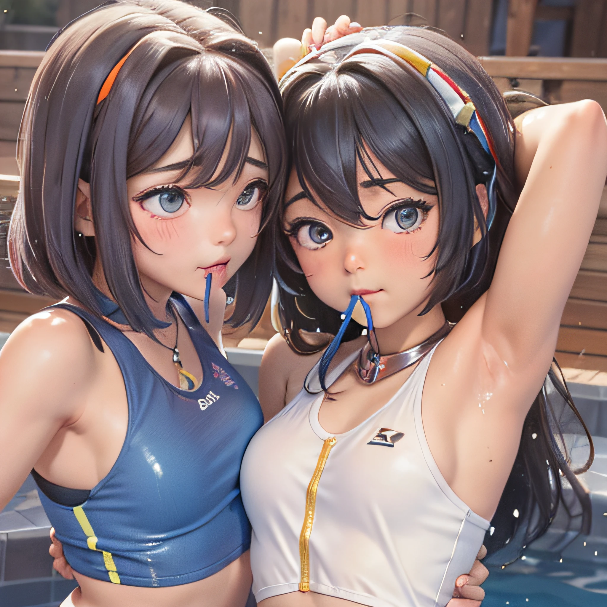 Three girls having fun by the pool, lewd: 1,2, hentai: 1,2, NSFW: 1,2, lesbian: 1,2, grabbing each other's ass, kissing, blushing, wet sleeveless t-shirt, shorts, anatomically correct, competitive swimsuit, tanktop, wet and sticking to the skin, high-legged, open crotch, camel toe, shot from below, showing armpit, small chest, side breast, W pose sitting, Squat position, both armpit showing, armpit licking, mouth near armpit, neck collar,