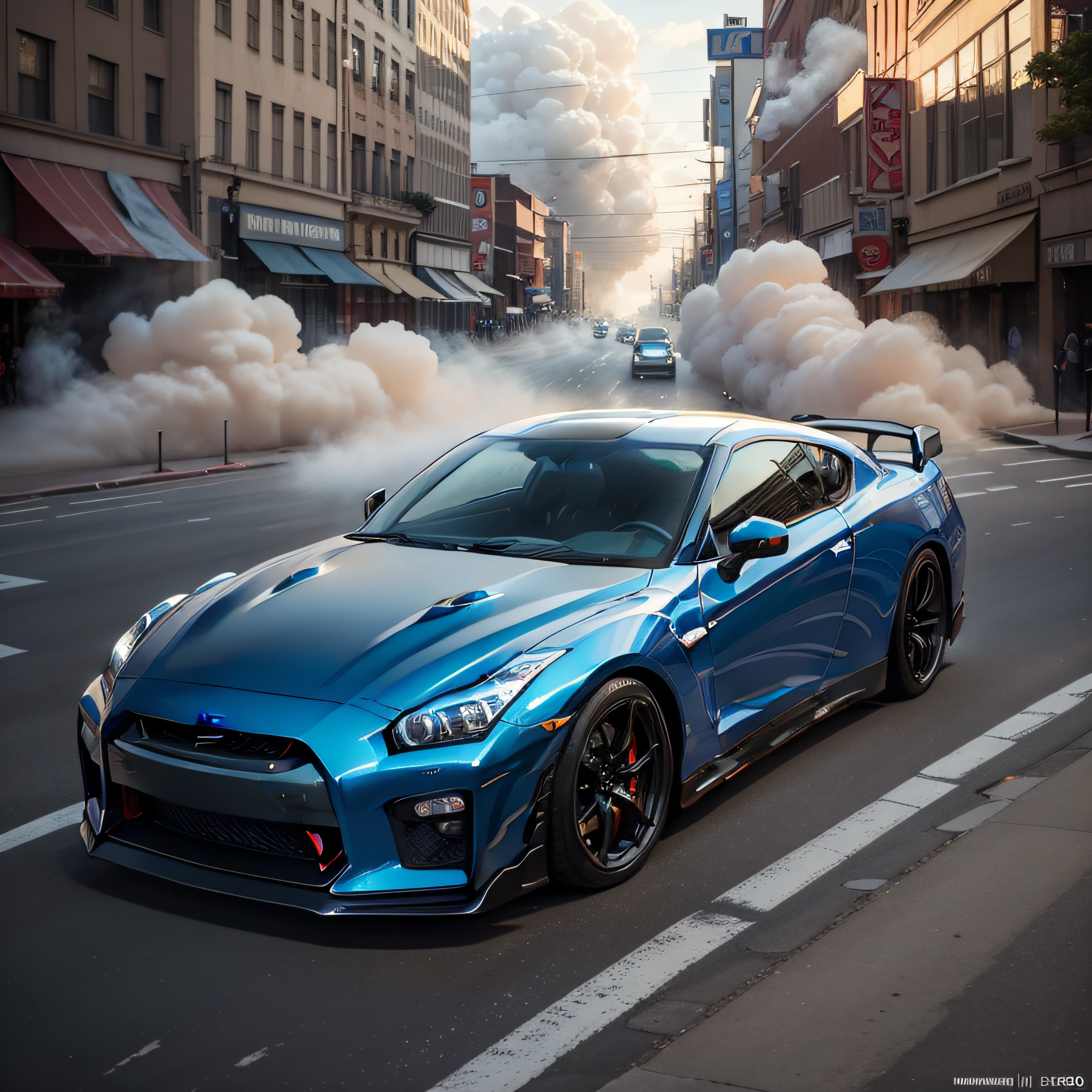 GT-R blue color Car running in the city street, (smoke everywhere) Video 120fps Style 8k ultra-realistic, photorealistic, photography lighting reflection mapping, photorealistic, movie quality rendering, vfx -, rtx ray tracing lighting, --ar 4:5((Best quality)), ((masterpiece)), (highly detailed:1.3).