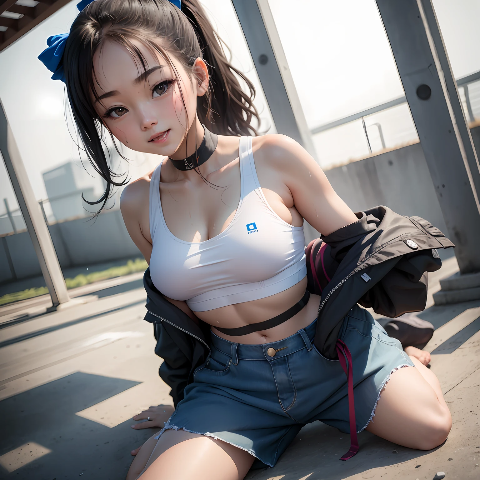 one-girl,Kneeling on the playground after school,((with whole body visible)),far from viewer。
She is a beauty,prette,adolable,adolable,年轻,age uncensored。
She was obese,(flatchest),(small boobs),(little breast)。
She was sweating,Wet pubic hair,drenched all over the body。clothes see-through,Sweat on the skin,Wet hair。
She grinned,Laughing。She looks natural,unwind,Plain。
Scheming face。Grimacing。(Stick out her tongue),Tell a secret,Hide a secret,is shy,exhilarated。
She stared at the audience。
She wears a black ponytail。
she wears a school uniform,A rolled up white shirt with a blue collar,Under the shirt is a colored corduroy sports bra,blue short pants,Wear two layers。Fat belly
Shirt lift, .((((She lifted her shirt,Reveal the sports bra underneath)))。
The camera focuses on her face,light shining on face,Very large aperture,((f/1.2)),with a shallow depth of field,The background lens is blurry strongly,ISO 3000,automatic white balance,
extremely detaile,profesional lighting,the soft light,RAW photogr,Uniqlo fashion model,
best qualtiy, tmasterpiece, Award-winning photography, hugefilesize, 8K, A high resolution,
Shot on a Sony DSLR。
