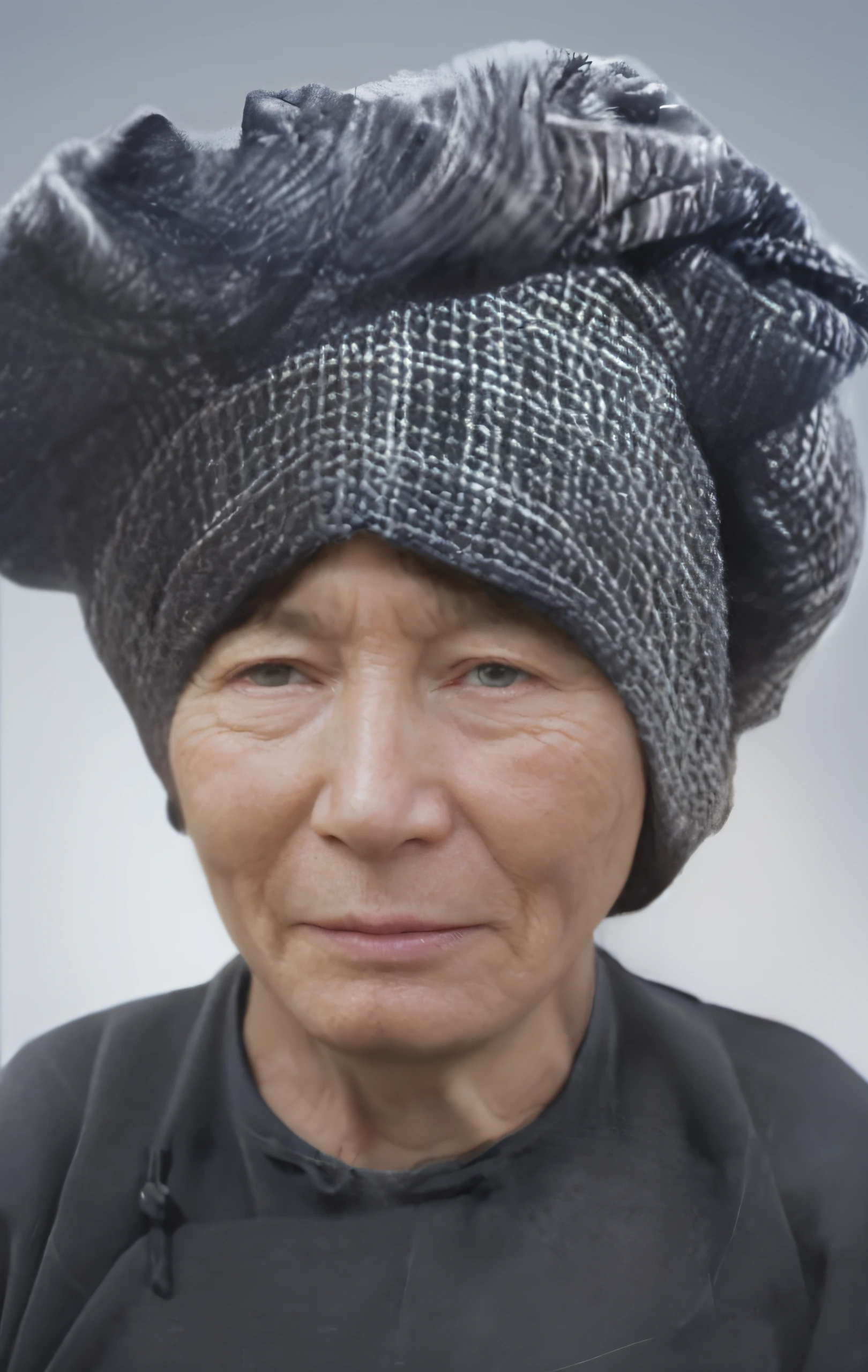 Grandma，The famous plaid black hat，Dark traditional clothing，Facial emaciation，There are prominent cheekbones