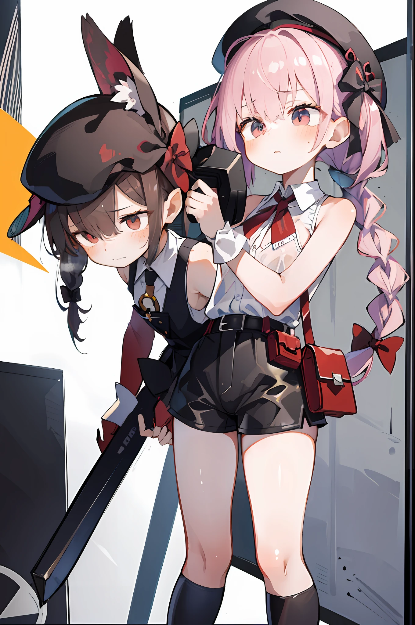 (Masterpiece, Best Quality:1.3), NSFW (New South Wales), 1Girl, bangss, only_weapons, only_shoulder, belt, bent_over, beret, black_glove, black_Legwear, black_bows, hazy, hazy_Background with, blush, Braid, pectorals, brown_eyes, brown_heads, buckle, cleavage, condom, condom_안으로_mouth, stains_sunlights, day, deeply_ng_field, Earrings, eyebrows_visible_door_heads, falling_leaves, glitter, glove, heads_put, has, has_bows, jewellery, Key, larger_pectorals, leaves, mouth_hold, navels, , no_bra, exteriors, partially_fingerless_glove, pouch, red_Shorts, bows, see -through, shirt, Short_Shorts, Shorts, side_Braid, signature, single_sidelocks, single_thighhigh, skindentation, sleeveless, sleeveless_shirt, Solo, sunlights, the sweat, teeth, thigh_straps, thigh thighs, upper_teeth, saturated, saturated_clothed, saturated_shirt, white_The hat, white_shirt