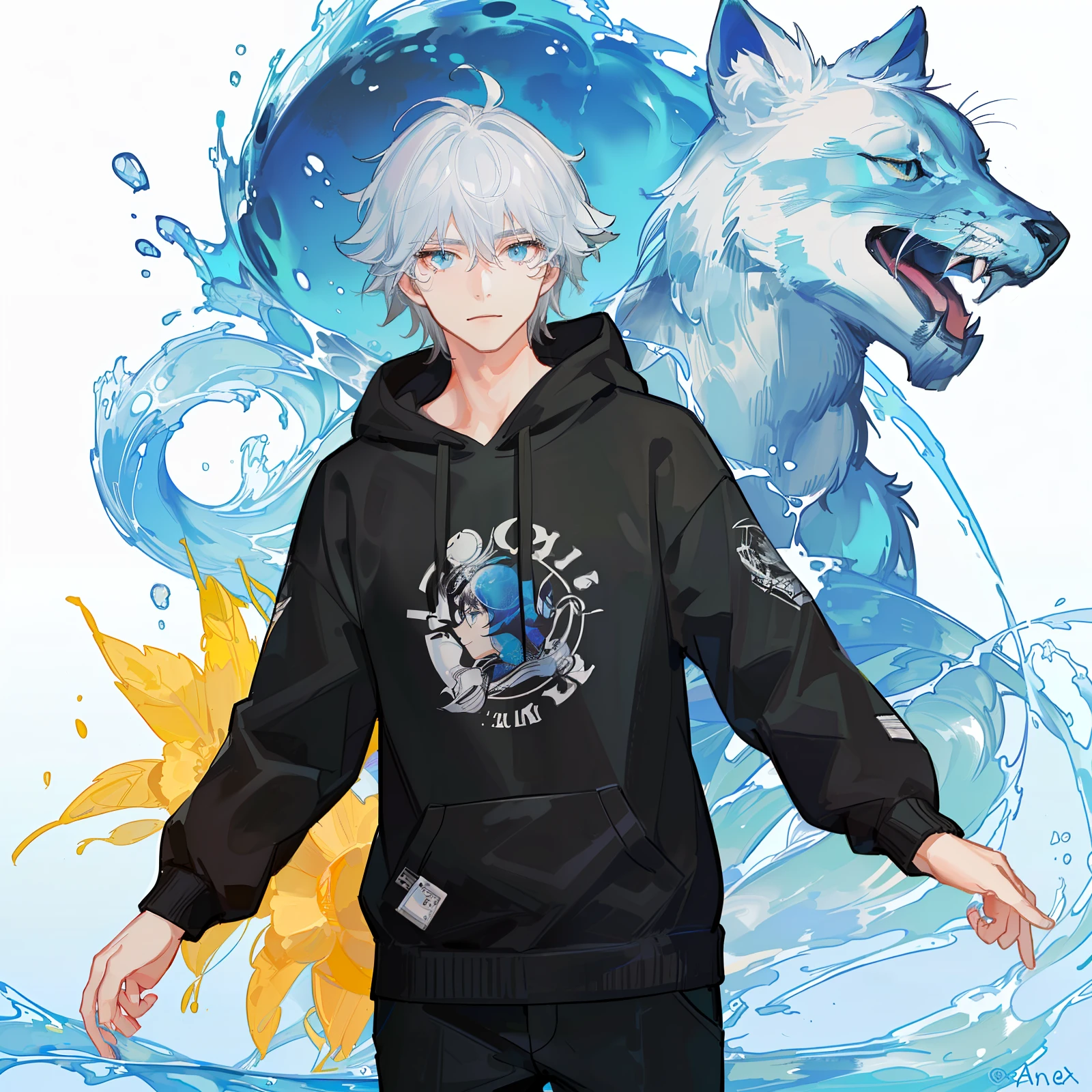 (neko boy)(White hair)(blue color eyes)(High school, etc)(Black sweatshirt)