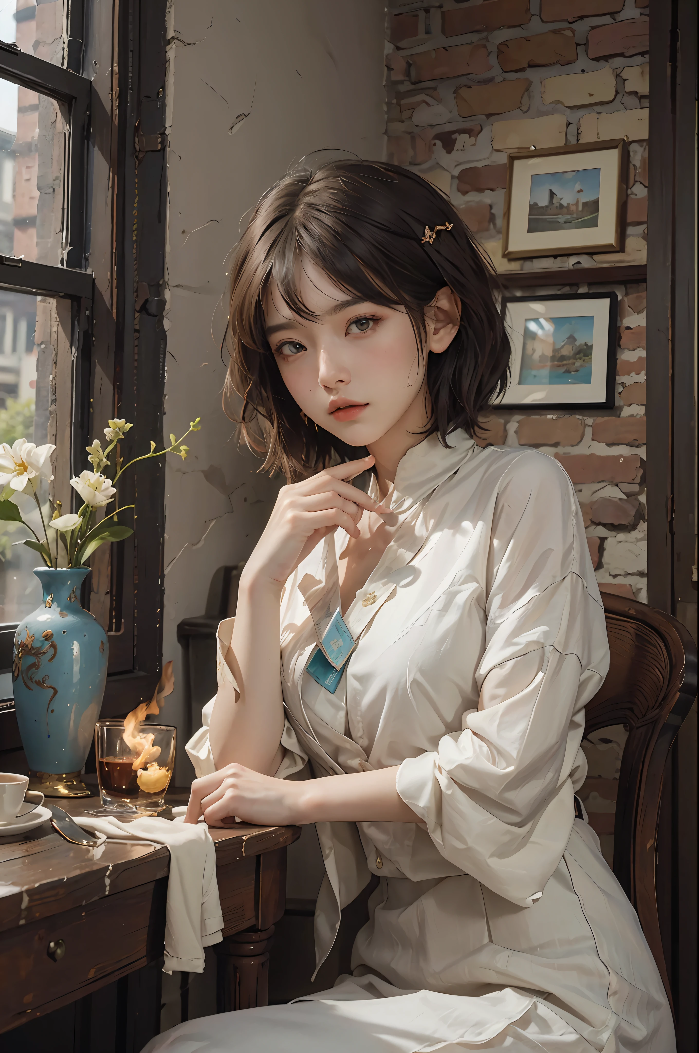 (RAW Photography、top-quality)、(realisitic、Photorealsitic:1.3)、top-quality、high-detail、masterpiece、ultra-detailliert、illustratio、1girl、((very_short_hair))、dynamic ungle、world masterpiece theater、((Regular_hairstyle))、top-quality、the Extremely Detailed CG Unity 8K Wallpapers、inky、magnifica、电影灯光、lens_flare、dunhuang_style、Beautiful brick wall、vases、Hotels in London