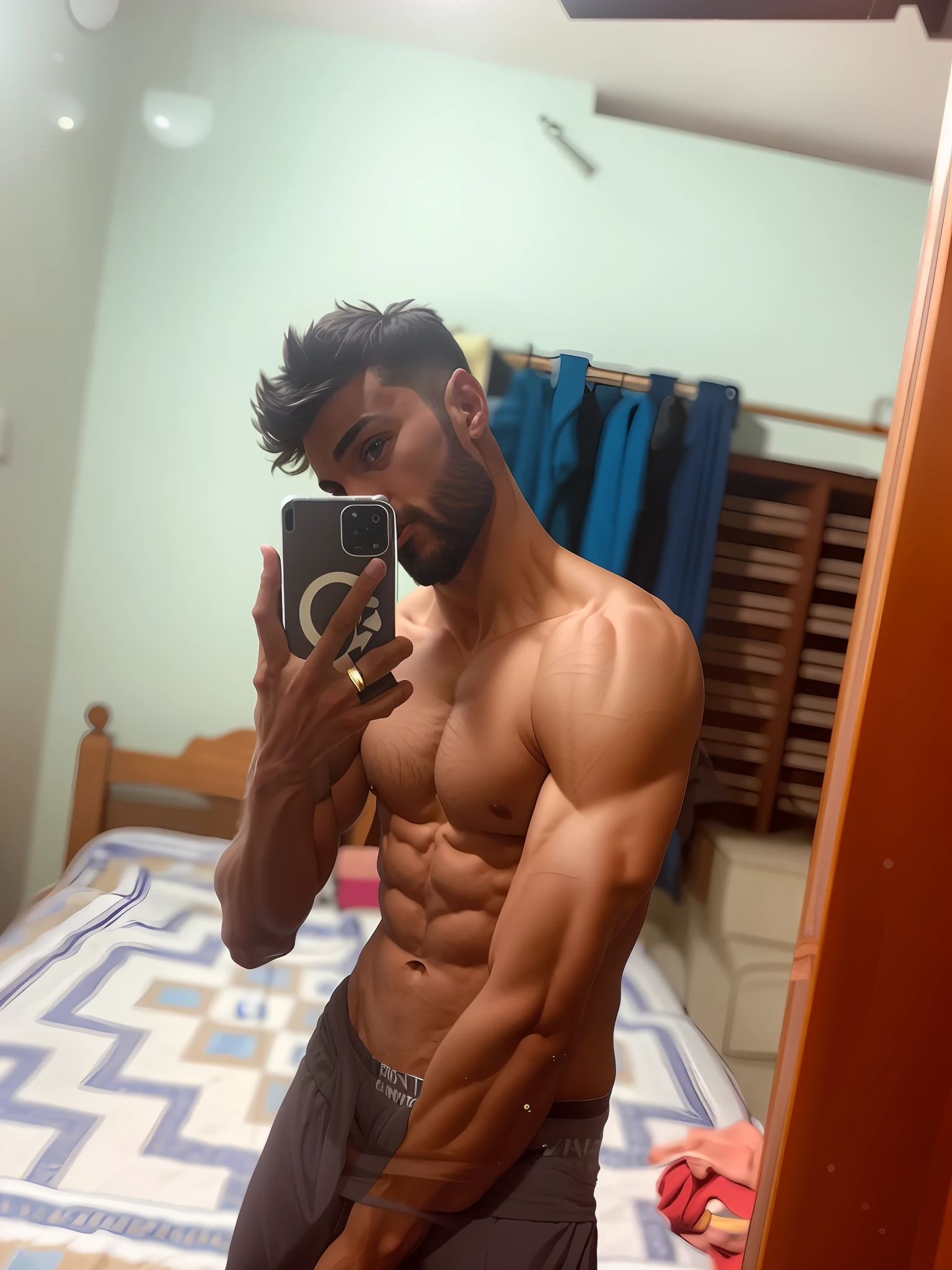 there is a man taking a picture of himself in the mirror, fit pic, with abs, [ rigidly defined abs ]!!, [ adamantly defined abs ]!!, slender and muscular build, lean and muscular, ripped, lean but muscular, full body picture, abs, muscular!!!, posing and flexing, fit physique, he is about 30 years old