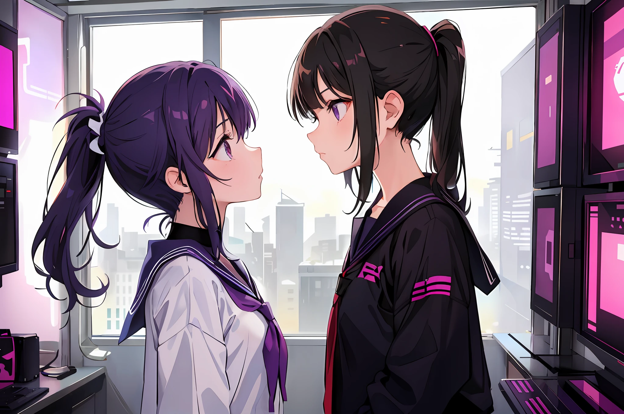 2girl, one is a girl with black hair in a ponytail and a sailor suit with purple eyes, the other is a short girl with black hair in a side ponytail and purple eyes in a sailor suit, (two girls are looking at each other, eye contact, face-to-face), purple cyberpunk landscape, room with many monitor, room with big windows, purple fluorescent light