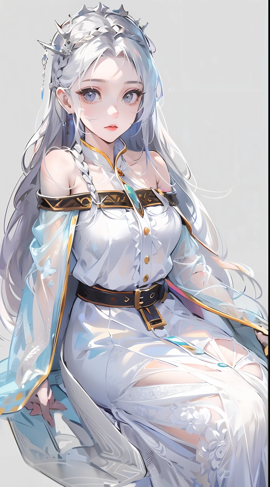 Best quality, highly detailed, masterpiece, ultra detailed, (reality: 1.2), 1 girl, (white background), simple background, delicate eyes, silver hair, purple eyes, hair_ornament, (white off-the-shoulder shirt: 1.3), long hair, pointy_ears, crown_braid, expressionless, straight hair, (++ sitting: 1.2), room,
