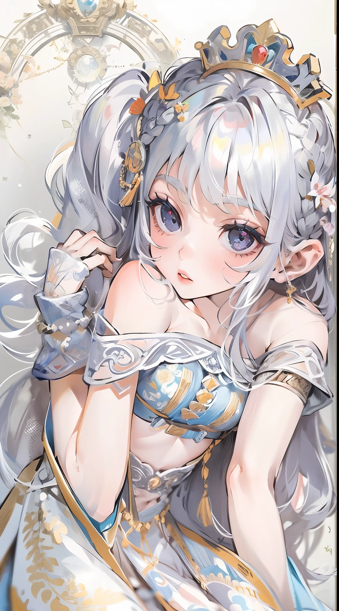 Best quality, highly detailed, masterpiece, ultra detailed, (reality: 1.2), 1 girl, (white background), simple background, delicate eyes, silver hair, purple eyes, hair_ornament, (white off-the-shoulder shirt: 1.3), long hair, pointy_ears, crown_braid, expressionless, straight hair, (++ sitting: 1.2), room,