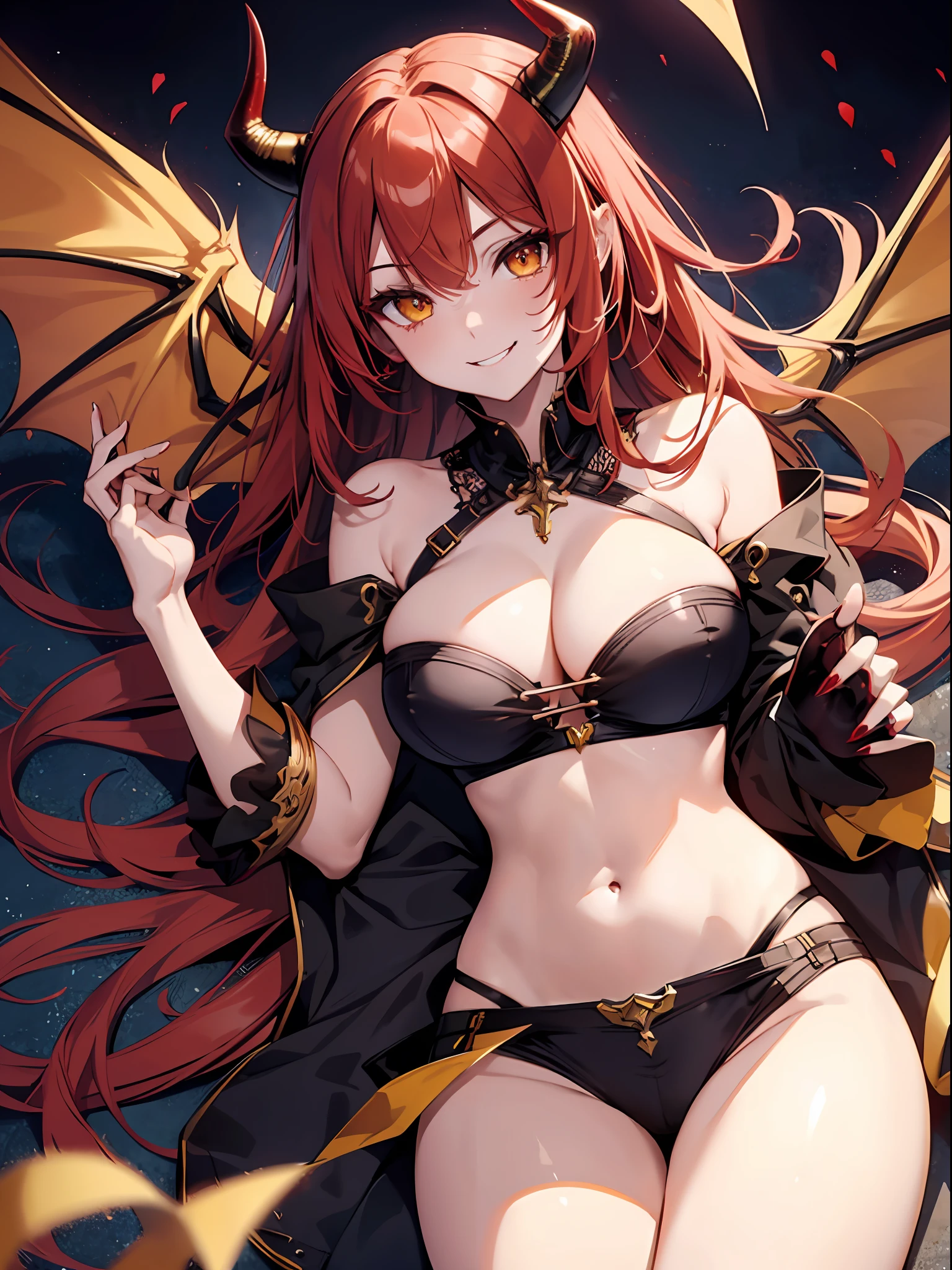 1 gorl,beautiful detailed face,red hair,yellow eyes, (succubus :1.3),demon horn,demon tail,(seductive smile :1.1),tube top,cleavage,large boobs,bare navel,intricate details, hyper realistic, perfect anatomy