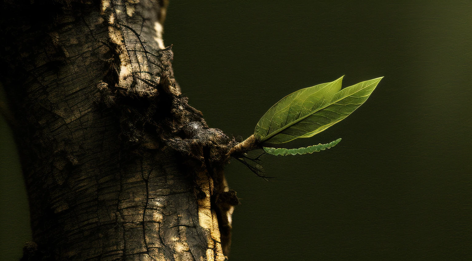 A small leaf grows on the branch, growing off a tree, artistic photograph, Still photography, against dark background, plant sap, Sprouting, Close portrait, leaves twigs wood, still photo, living tree, Noto Fagus, Natural reclaim, nature photo, twisting leaves, against a deep black background, still photo, botanical photo