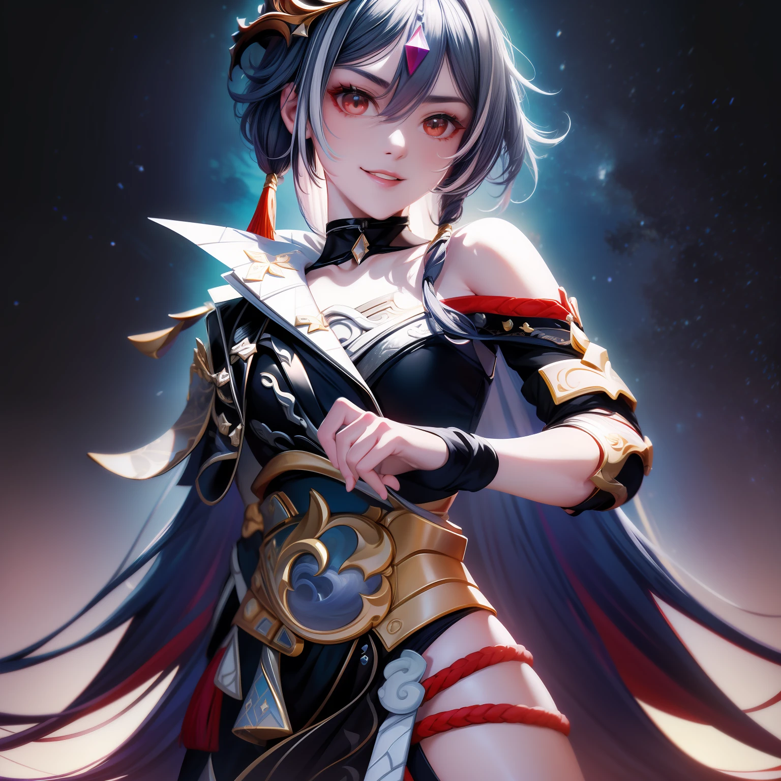 Best quality, Masterpiece, Ultra-detailed, Beautiful, A high resolution, Original,photorealestic，realisticlying， absurderes, Felt, 1girll, Solo, Long_Hair, Looking_at_peeping at the viewer, Smile,A bit obsessive-compulsive， bangs, Nero_Hair, Hair_decorations, Red_Eyes, Hair_between_Eyes, Chinese_clothes, uneven_Sleeves, :D, Simple background, White background, mitts, asymmetrical_Sleeves, Fingerless gloves, High quality, full body detailing, Golden ratio, RAW photo (Short straight black hair) (pale 20-year-old woman,  short,head straight-looking at viewer, full bodyesbian, Perfect face, Amazing eyes, Vivid details, (skin with many details), (Dark),  aurora, (Backlight: 0.5), Depth of field, Canon 5D, 50mm lens, f/4 aperture, (Super detail), Sharp focus, pastelcolor, 8K, consciousness, 8mm film food,  War photography