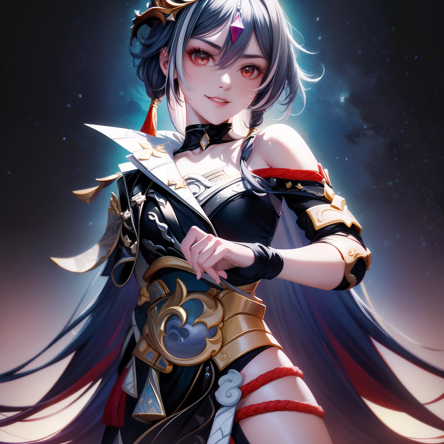 Best quality, Masterpiece, Ultra-detailed, Beautiful, A high resolution, Original,photorealestic,realisticlying, absurderes, Felt, 1girll, Solo, Long_Hair, Looking_at_peeping at the viewer, Smile,A bit obsessive-compulsive, bangs, Nero_Hair, Hair_decorations, Red_Eyes, Hair_between_Eyes, Chinese_clothes, uneven_Sleeves, :D, Simple background, White background, mitts, asymmetrical_Sleeves, Fingerless gloves, High quality, full body detailing, Golden ratio, RAW photo (Short straight black hair) (pale 20-year-old woman, short,head straight-looking at viewer, full bodyesbian, Perfect face, Amazing eyes, Vivid details, (skin with many details), (Dark), aurora, (Backlight: 0.5), Depth of field, Canon 5D, 50mm lens, f/4 aperture, (Super detail), Sharp focus, pastelcolor, 8K, consciousness, 8mm film food, War photography