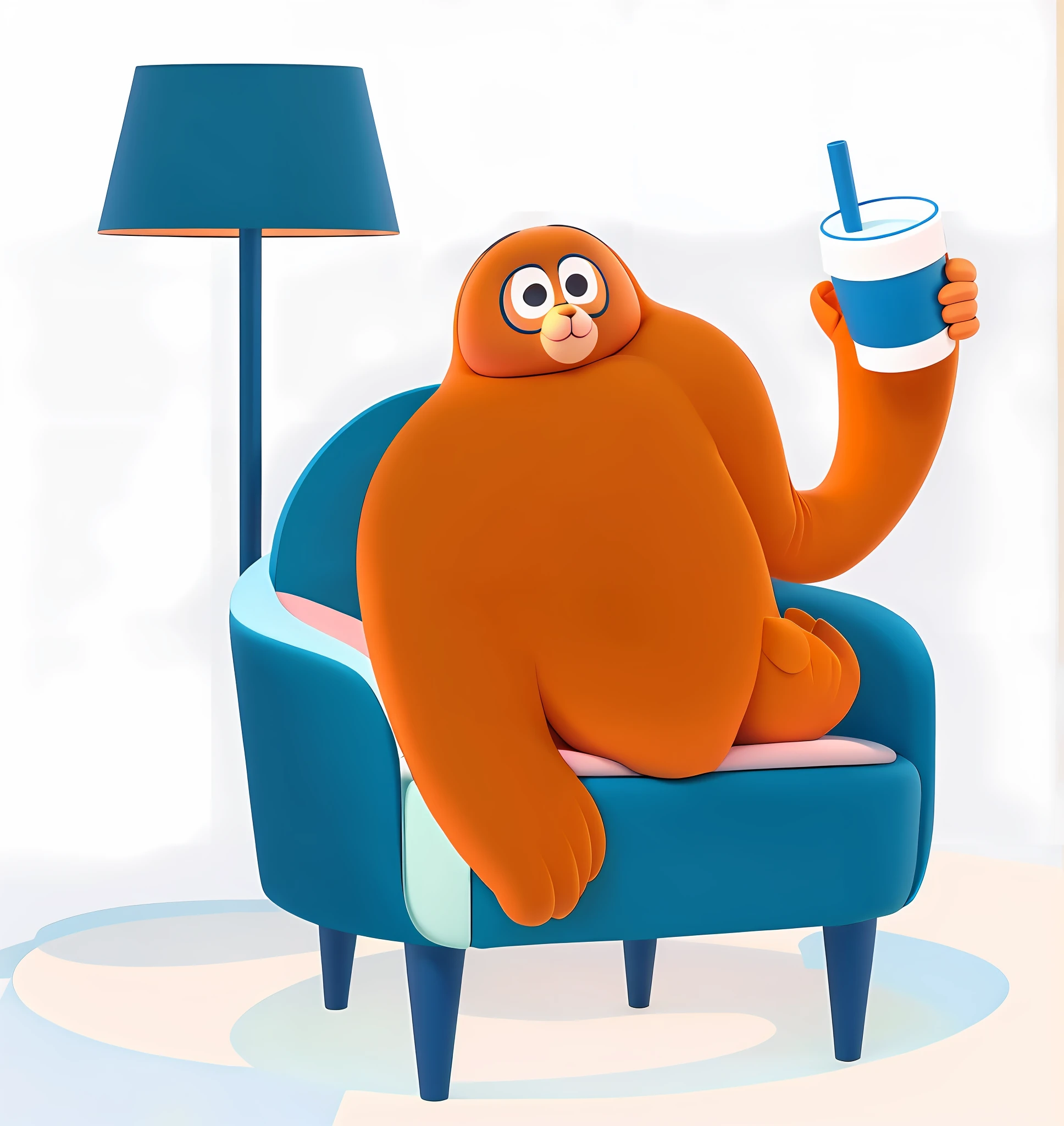 All born orange funny gibbon mascot IP，Small black eyes，Fish-shaped mouth，Mouth and bubbles，Sit on the blue sofa and drink coffee，Ge You lay down，Coffee in your left hand，Floor lamp next to it，The gibbon mascot is orange all over，Non-human characters，