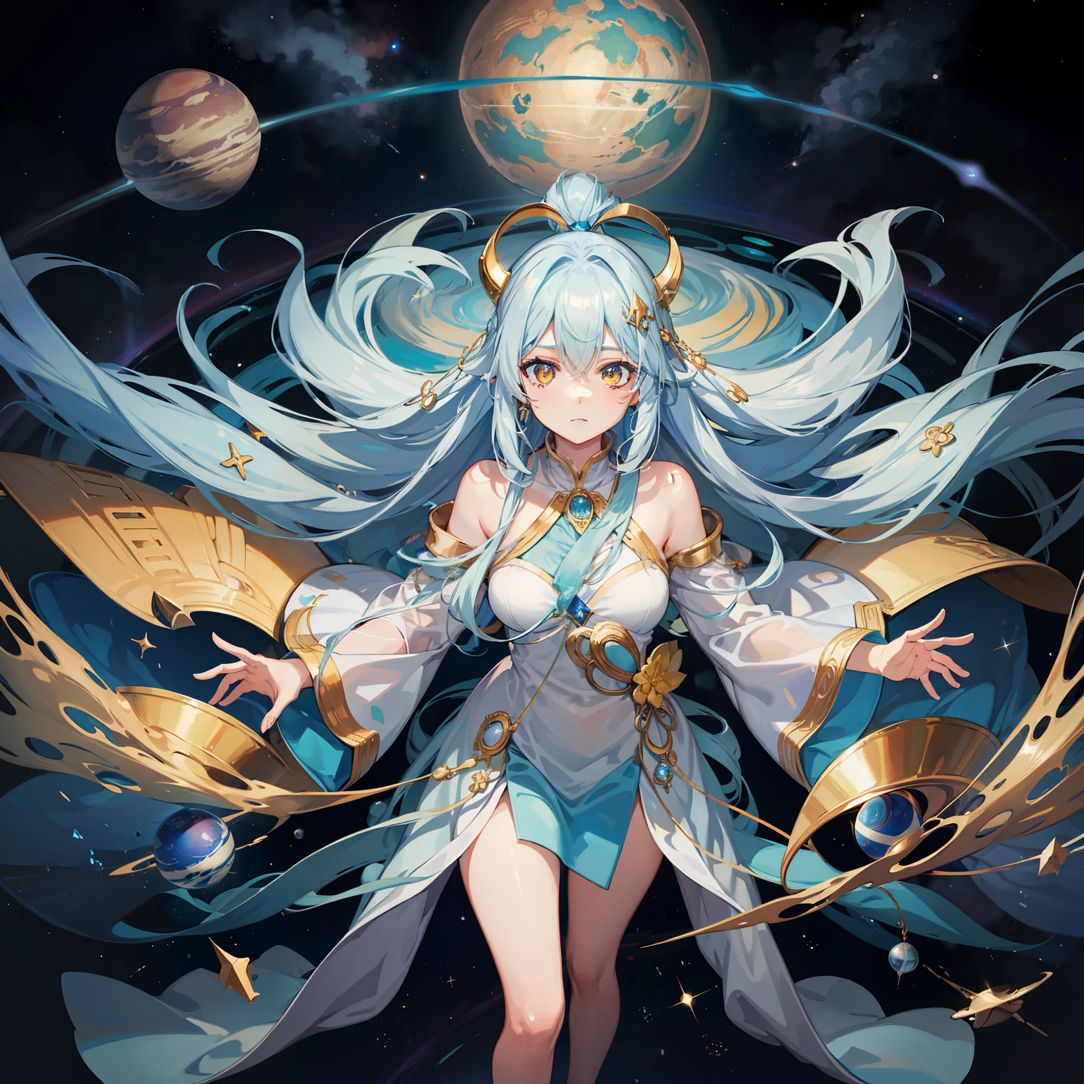 Rimuru tempest , long light blue hair , glowing hair , yellow eyes , beautiful , supreme deity , masterpiece, best quality, look at planets from above in space