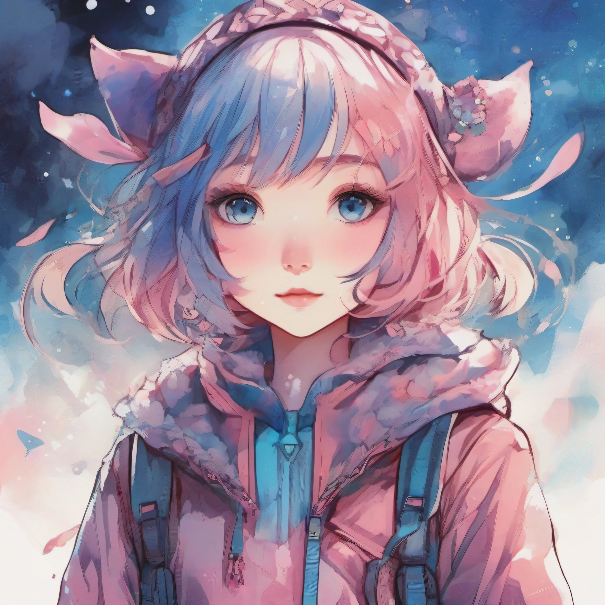 Flat style 2D avatar, kawaii anime girl, Exaggerated sparkling eyes, Watercolor ink style rendering，Simple and aesthetically pleasing feel, Comics-influenced design, Soft color blending, Mainly soothing blue and vibrant pink, Cute short hairstyle, An affectionate combination of shoujo manga and Harajuku fashion in clothing details, Expresses femininity and innocence through subtle facial features, upperbody closeup, Calm and vivid watercolor setting, Digital vector graphics，Warmth，Abbreviated mouth，Abbreviated nose，Elaborate Eyes