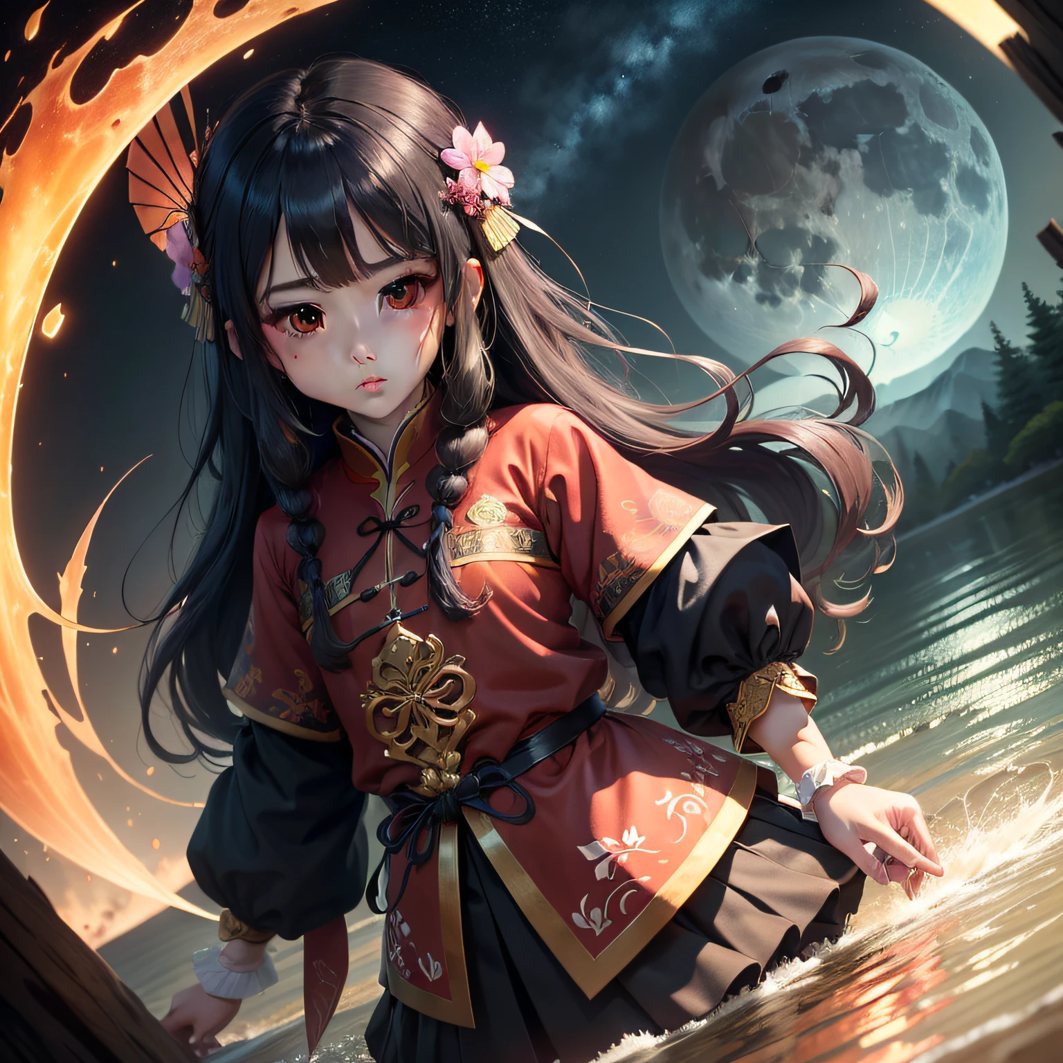 (8k, RAW photo:1.2), best quality, ultra high res,dramatic angle,(fluttered detailed color splashs), (illustration),(((1 girl))),(long hair),(rain:0.9), (头饰:1.4),少女身边有一座古宫,汉服,(重点),彩色水墨画,(泼彩),泼彩,(((colorful))),(素描:0.8) , Masterpiece, best quality, beautiful painted, highly detailed,(denoising:0.6),[splash ink],((ink refraction)), (beautiful detailed sky),moon,highly,detaild,(masterpiece, best quality, extremely detailed） CG unity 8k壁纸，杰作，最好的质量，超详细），（石蒜），