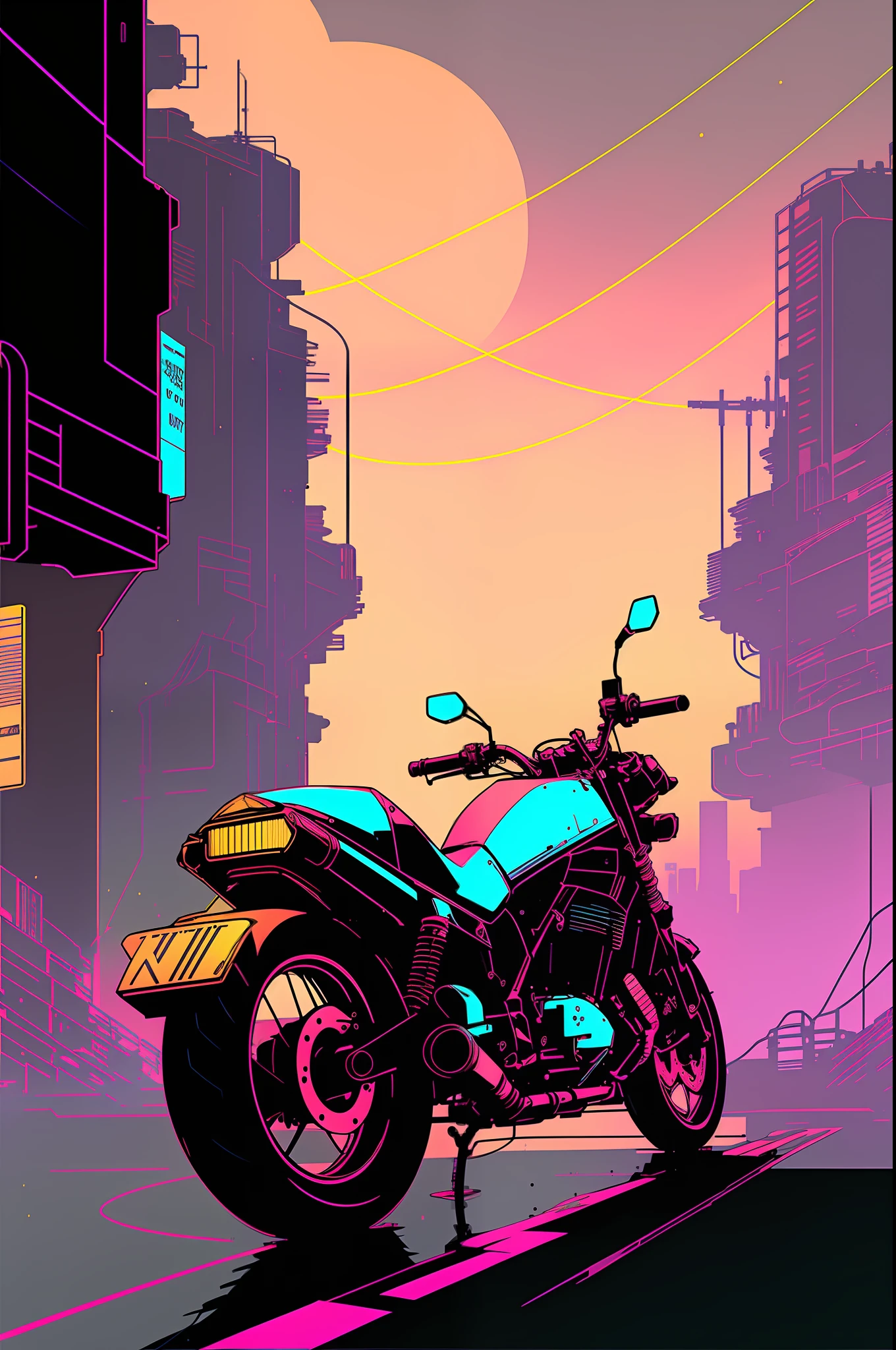 (nvinkpunk:1.2) snthwve style motorcycle, light wave, sunset, intricate, very detailed