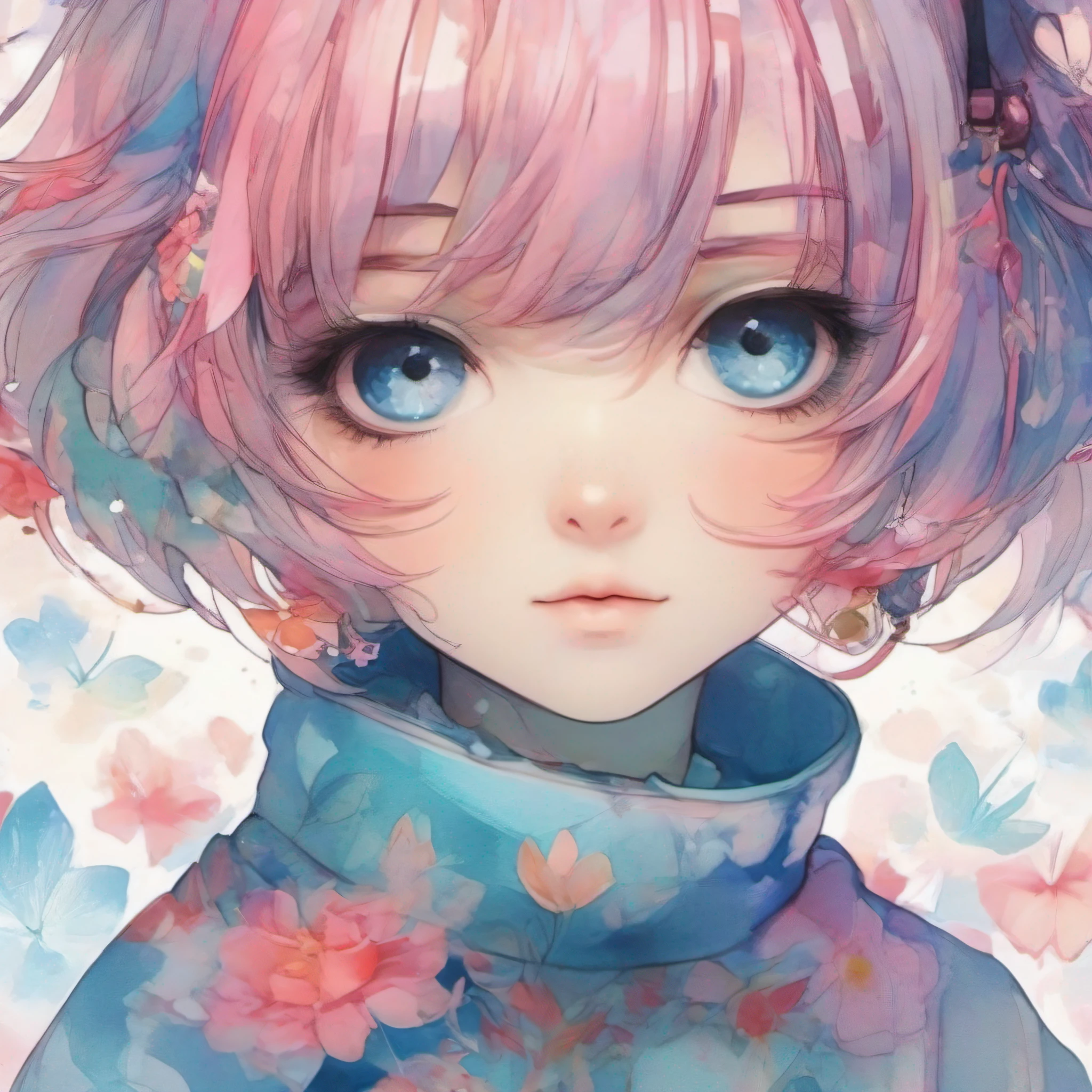 Flat style 2D avatar, kawaii anime girl, Exaggerated sparkling eyes, Watercolor ink style rendering,Simple and aesthetically pleasing feel, Comics-influenced design, Soft color blending, Mainly soothing blue and vibrant pink, Cute short hairstyle, An affectionate combination of shoujo manga and Harajuku fashion in clothing details, Expresses femininity and innocence through subtle facial features, upperbody closeup, Calm and vivid watercolor setting, Digital vector graphics,Warmth,Abbreviated mouth,Abbreviated nose,Elaborate Eyes