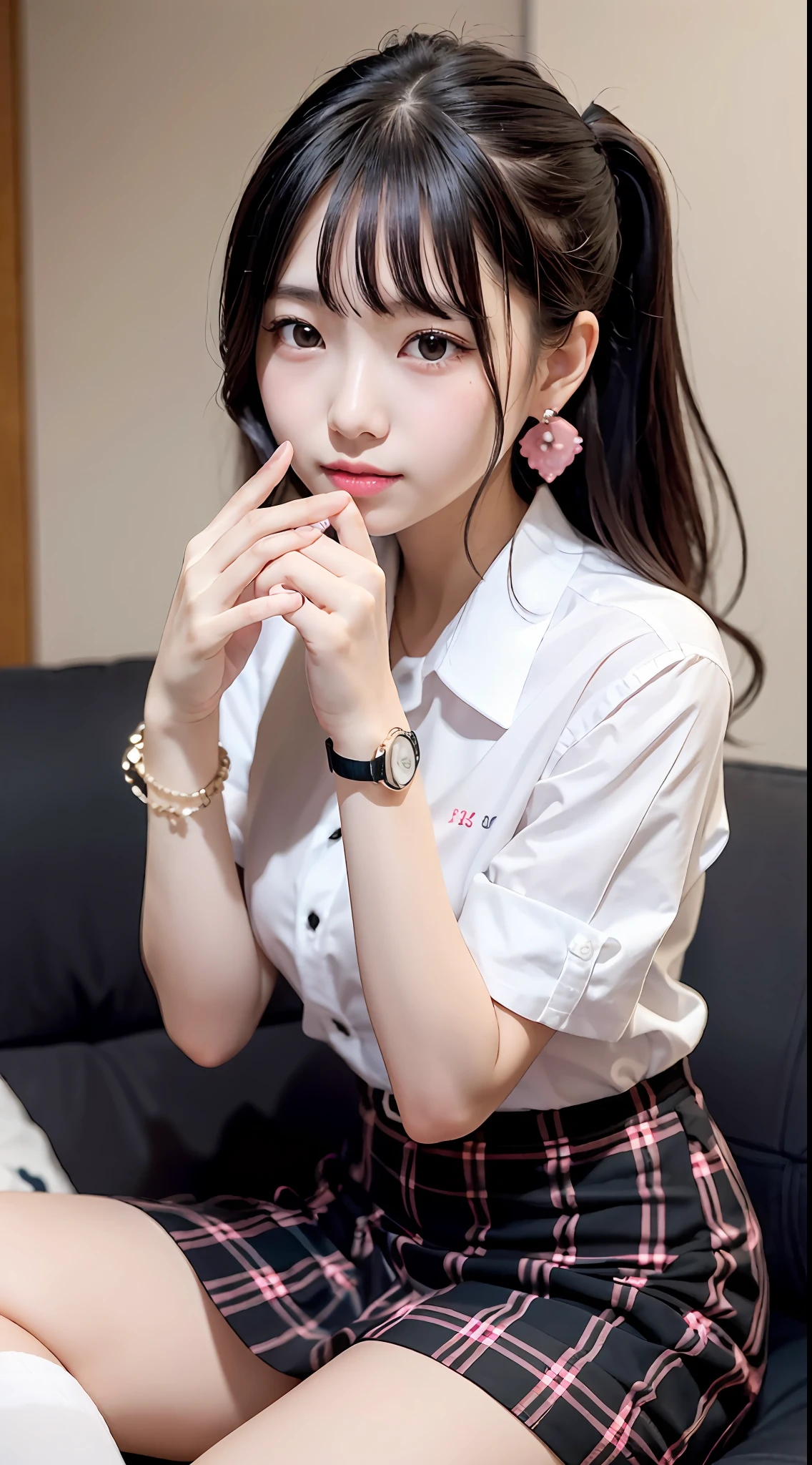 女の子1人、12 years old pretty girl、A dark-haired（Cute Hair Styling）、Big, Stylish Black Cutter Shirt、plaid skirts、Cute socks、petite and very slender figure,,,,,,,,,,,,、Too skinny、Black High Knee Socks、Cute manicure、Cute earrings、Pink lip、a picture、realisticlying、top-quality、adopt、A detailed face、细致背景、depth of fields、Full-body angle of view、Sitting on the couch、sexuell、独奏