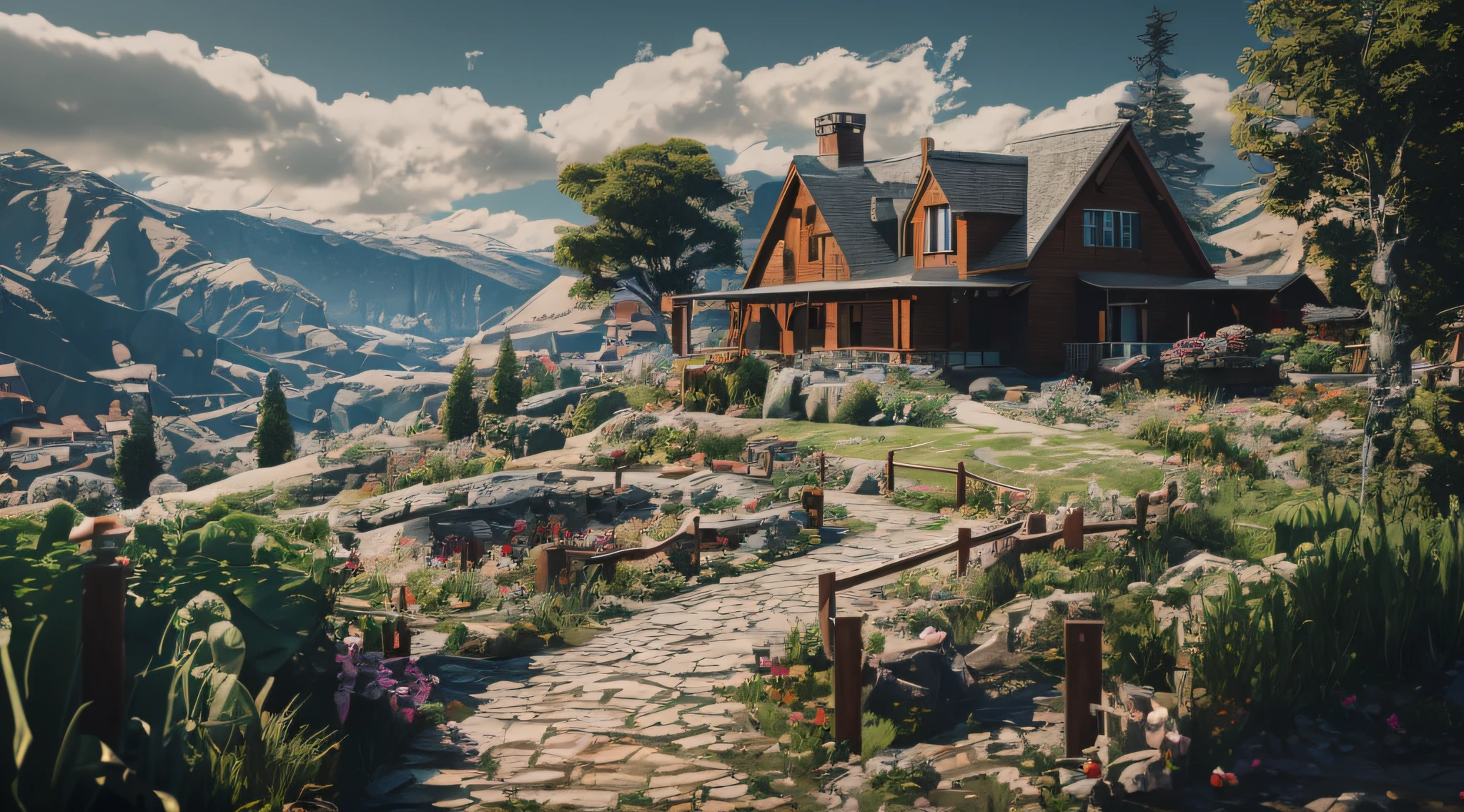 there is a house on a hill with a path leading to it, villages , unreal engine, beautiful render of a landscape, rendered in unreal engine 4 k hq, rendered in unreal engine 4k hq, realistic fantasy render, rendered in cryengine, very detailed unreal engine, highly detailed unreal engine, unreal engine screenshot, rendered in lumion pro, rendered in unreal 5, landscape, photography, country house, wood American house, vegetable, cottage, flower, cottage, city, cliff, dawn, epic, cinematic, cliff, ocean, ornate, realistic, super realistic, amazing landscape, mountain, Lilly flower, vegetable, real leaves, real trees, real plant, cloudy day, very detail, 32k octane render, Vray render, sharpener, drop shadow, ray tracing