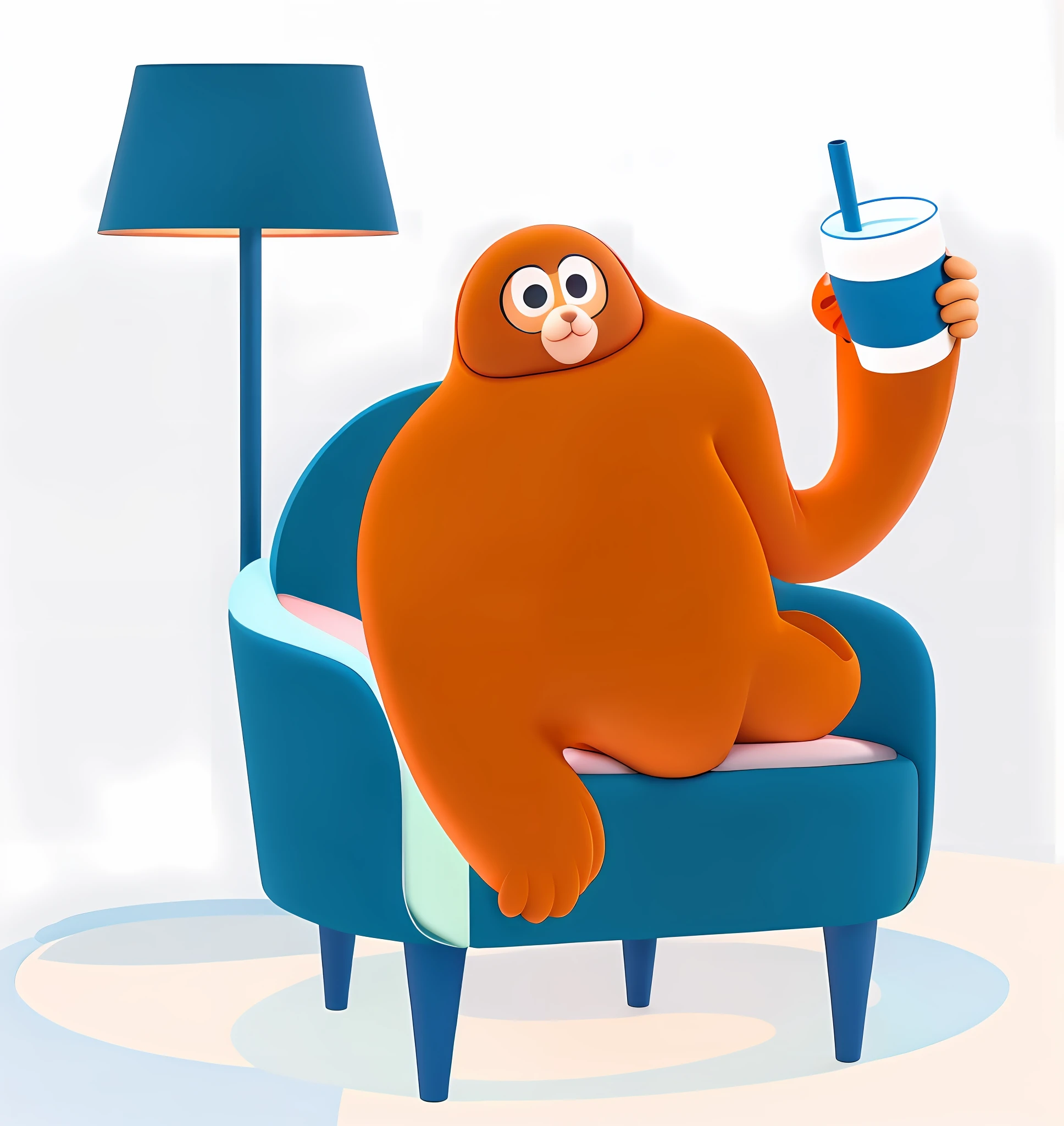 All born orange funny gibbon mascot IP,Small black eyes,Fish-shaped mouth,Mouth and bubbles,Small short legs,Sit on the blue sofa and drink coffee,Ge You lay down,Coffee in your left hand,Floor lamp next to it,The gibbon mascot is orange all over,Non-human characters,