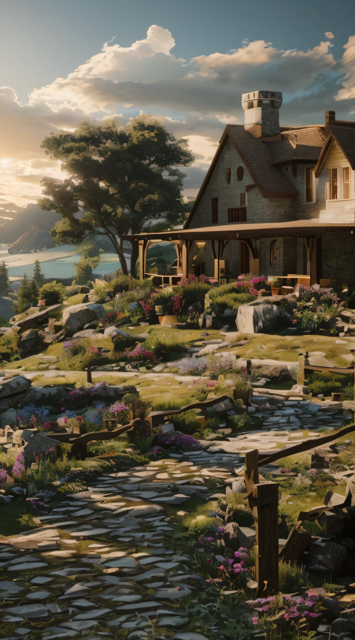 there is a house on a hill with a path leading to it, villages ， unreal engine, beautiful render of a landscape, rendered in unreal engine 4 k hq, rendered in unreal engine 4k hq, realistic fantasy render, rendered in cryengine, very detailed unreal engine, highly detailed unreal engine, unreal engine screenshot, rendered in lumion pro, rendered in unreal 5, landscape, photography, country house, wood American house, vegetable, cottage, flower, cottage, city, cliff, dawn, epic, cinematic, cliff, ocean, ornate, realistic, super realistic, amazing landscape, mountain, Lilly flower, vegetable, real leaves, real trees, real plant, cloudy day, very detail, 32k octane render, Vray render, sharpener, drop shadow, ray tracing