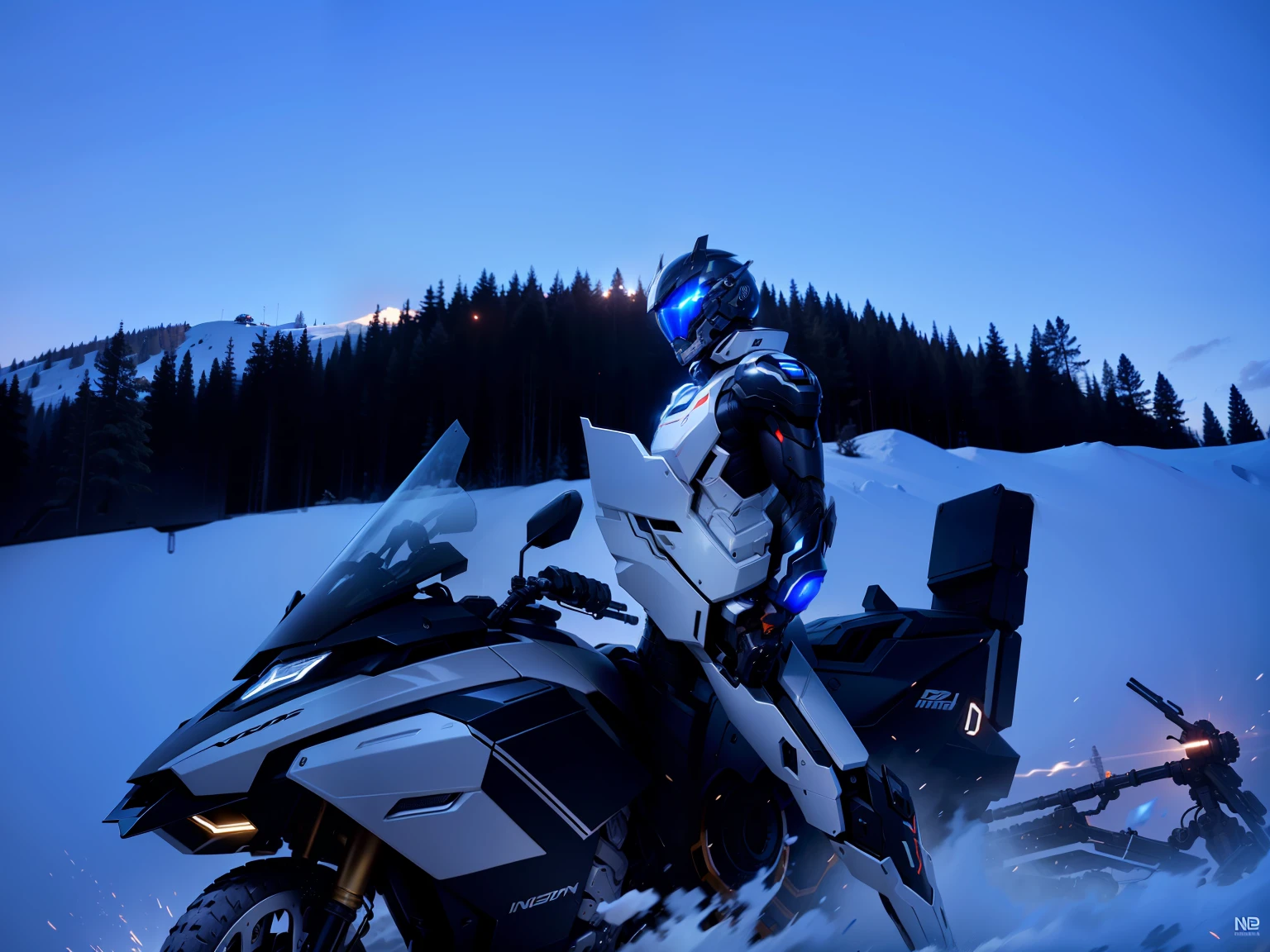 Handsome network, Handsome warrior, Full body mecha,Information mechanical motorcycle,High-tech black high-tech helmet,Nousr, Biomechanicals, MSHN Robot Man,High-tech helmet,hyper realisitc, Steel, Complex design, insanely details, finely detailled, Extremely clear lines, cinmatic lighting, photograph realistic, A detailed masterpiece