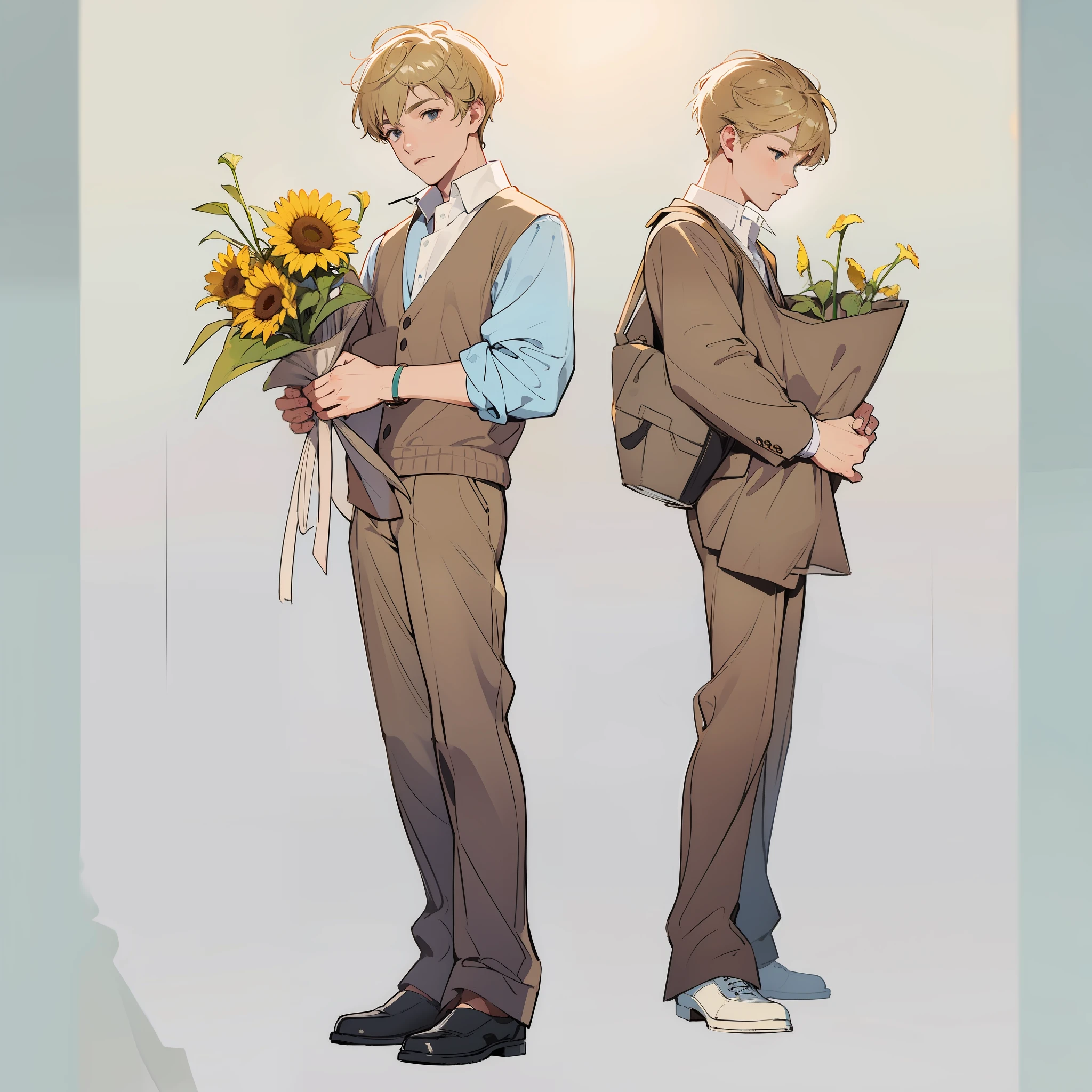 Chisley:Casual suit suit,Gentle comparison,Holding a sunflower flower