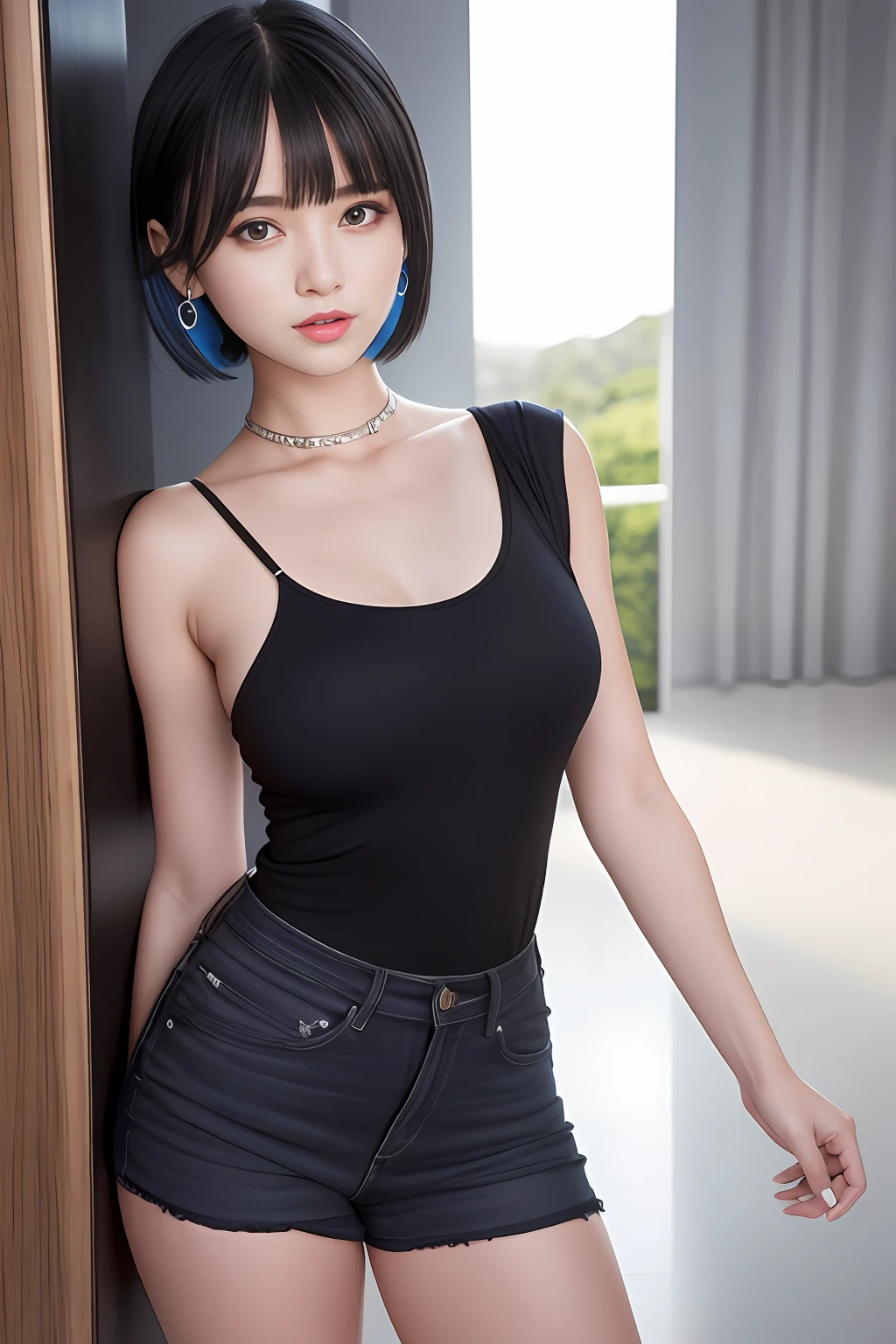 (RAW Photo: 1.2), (Photorealistic: 1.4), (Best Quality: 1.4), Ultra High Resolution, HDR, 8K Resolution, Dreamy, Commentary, Landscape, (No Text), Solo Focus, (Detailed Eyes), (Detailed Face), (Detailed Clothing Features), Skin Tight, (Shiny Skin), (SLF) Mender), (Slim), (Beauty Face), 1 Boy, Virtual Girl Ren Young, bangs, black hair, blue eyes, earrings, loose shirt, smile, embarrassed, cute, look straight at the camera,