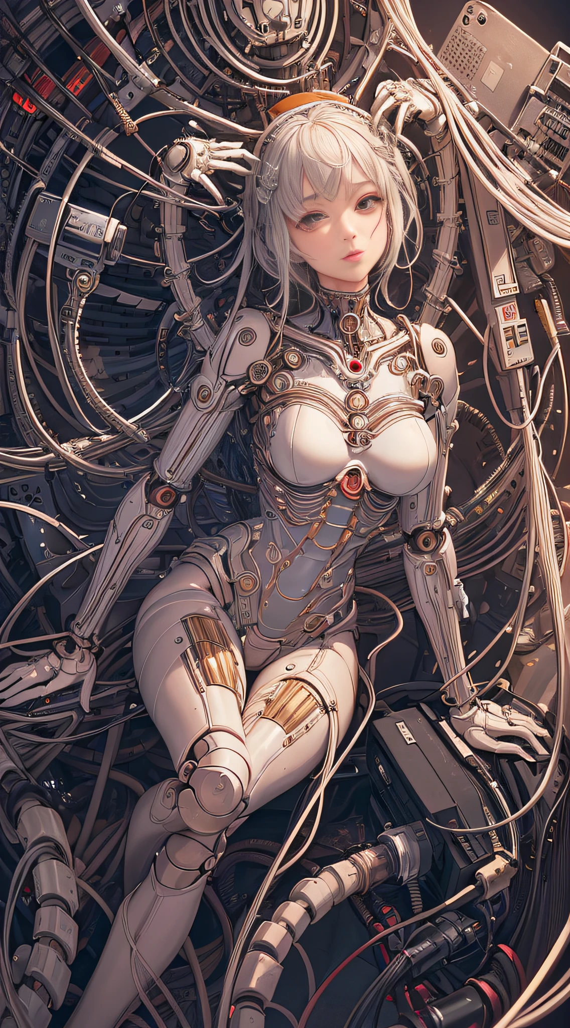 (((masterpiece))), (((best quality))), ((ultra-detailed)), (highly detailed CG illustration), ((an extremely delicate and beautiful)),(cute delicate face),cinematic light,((1mechanical girl)),solo,full body,(machine made joints:1.4),((machanical limbs)),(blood vessels connected to tubes),((mechanical vertebra attaching to back)),((mechanical cervial attaching to neck)),((sitting)),expressionless,(wires and cables attaching to head and body:1.5),(character focus),science fiction