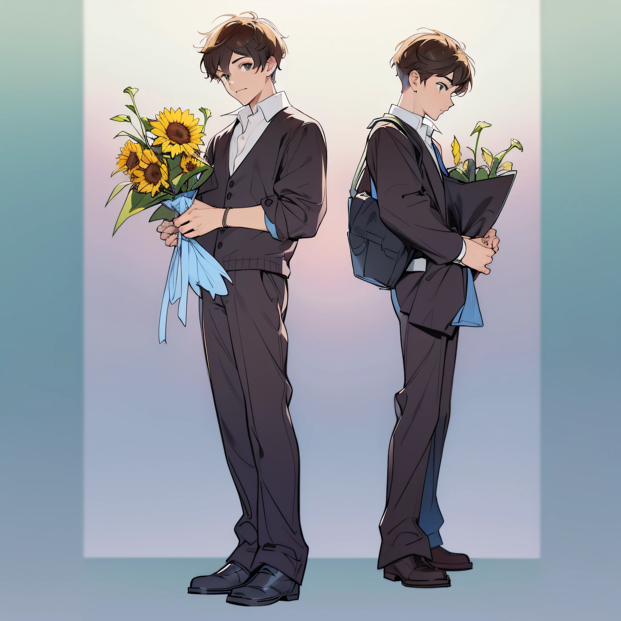 Chisley:Casual suit suit,Gentle comparison，Holding a sunflower flower