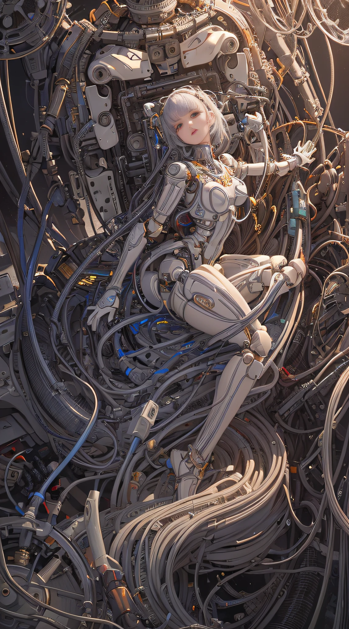 (((masterpiece))), (((best quality))), ((ultra-detailed)), (highly detailed CG illustration), ((an extremely delicate and beautiful)),(cute delicate face),cinematic light,((1mechanical girl)),solo,full body,(machine made joints:1.4),((machanical limbs)),(blood vessels connected to tubes),((mechanical vertebra attaching to back)),((mechanical cervial attaching to neck)),((sitting)),expressionless,(wires and cables attaching to head and body:1.5),(character focus),science fiction
