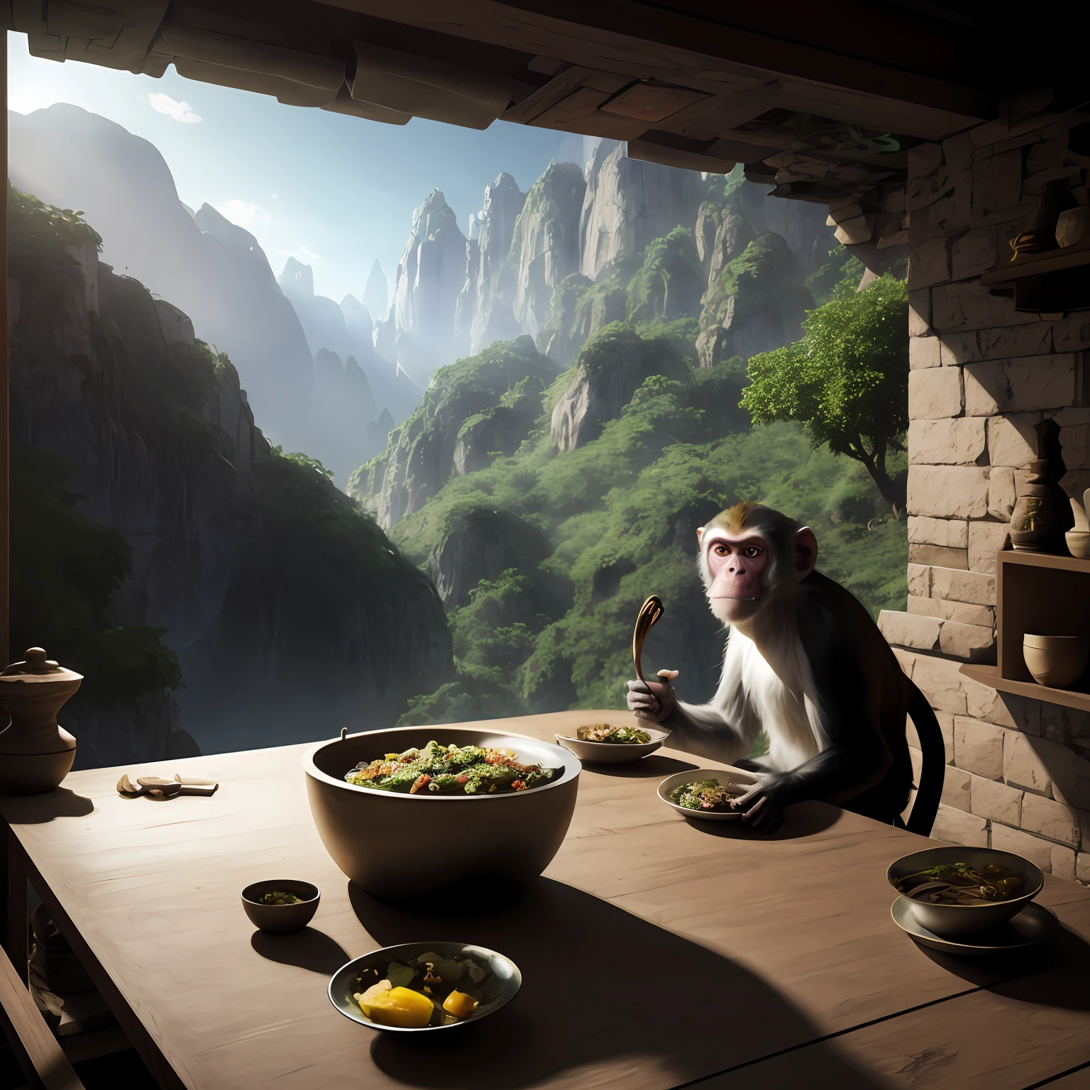 There was a monkey sitting on the table，A pot of food in his hand, Relaxing concept art, 3 d epic illustrations, fantasy matte painting，Cute, 3 d render and matte painting, Rolands Zilvinskis 3D rendering art, Global illumination. vfx, beautiful 3d concept art, 3d rendered matte painting, Beautiful digital artwork, highly realistic concept art