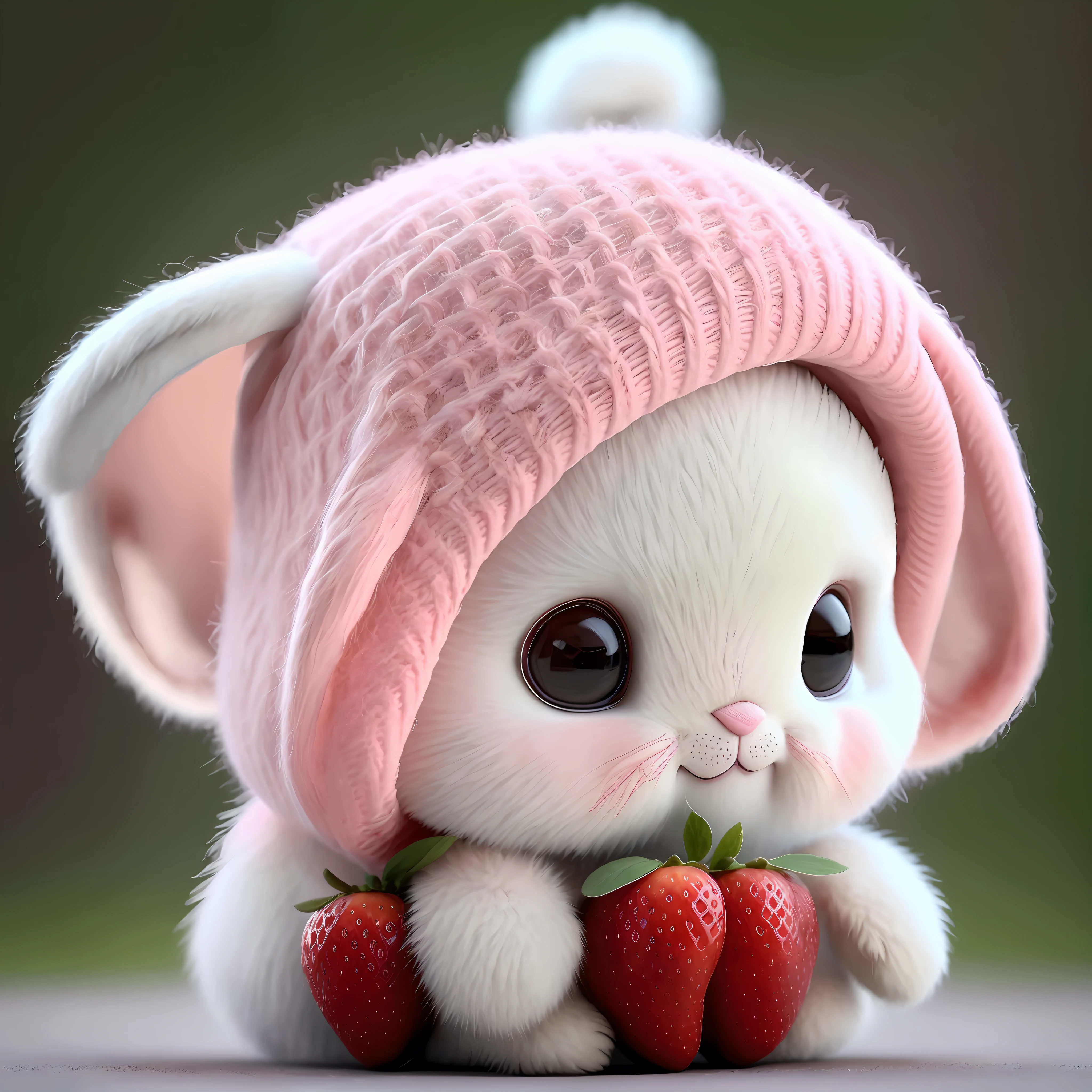 : 3. bunny, realistic, furry animal, apple, black eye, blush, cherry, food, fruit, full body, hat, non-human, strawberry, tomato, watermelon