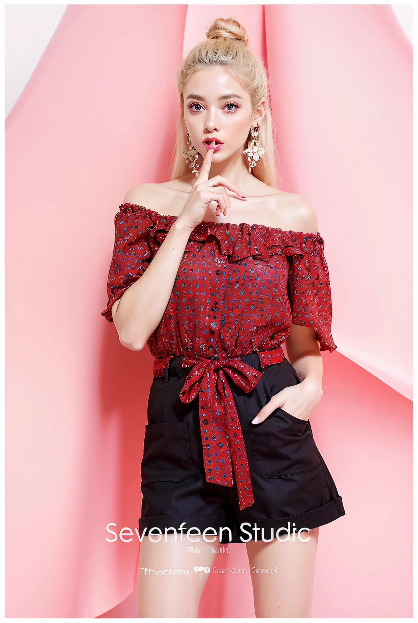 Blonde woman posing for photo in red and black blouse and black shorts, black and red silk clothing, red elegant shirt, Short sleeves, patterned clothing, off-the-shoulder shirts, shaxi, advertisement picture, Trendy clothes, floral clothes, loose - fitting blouses, Official product image, black red white clothes, Graphic print, Cute woman, fancy top, Red clothes