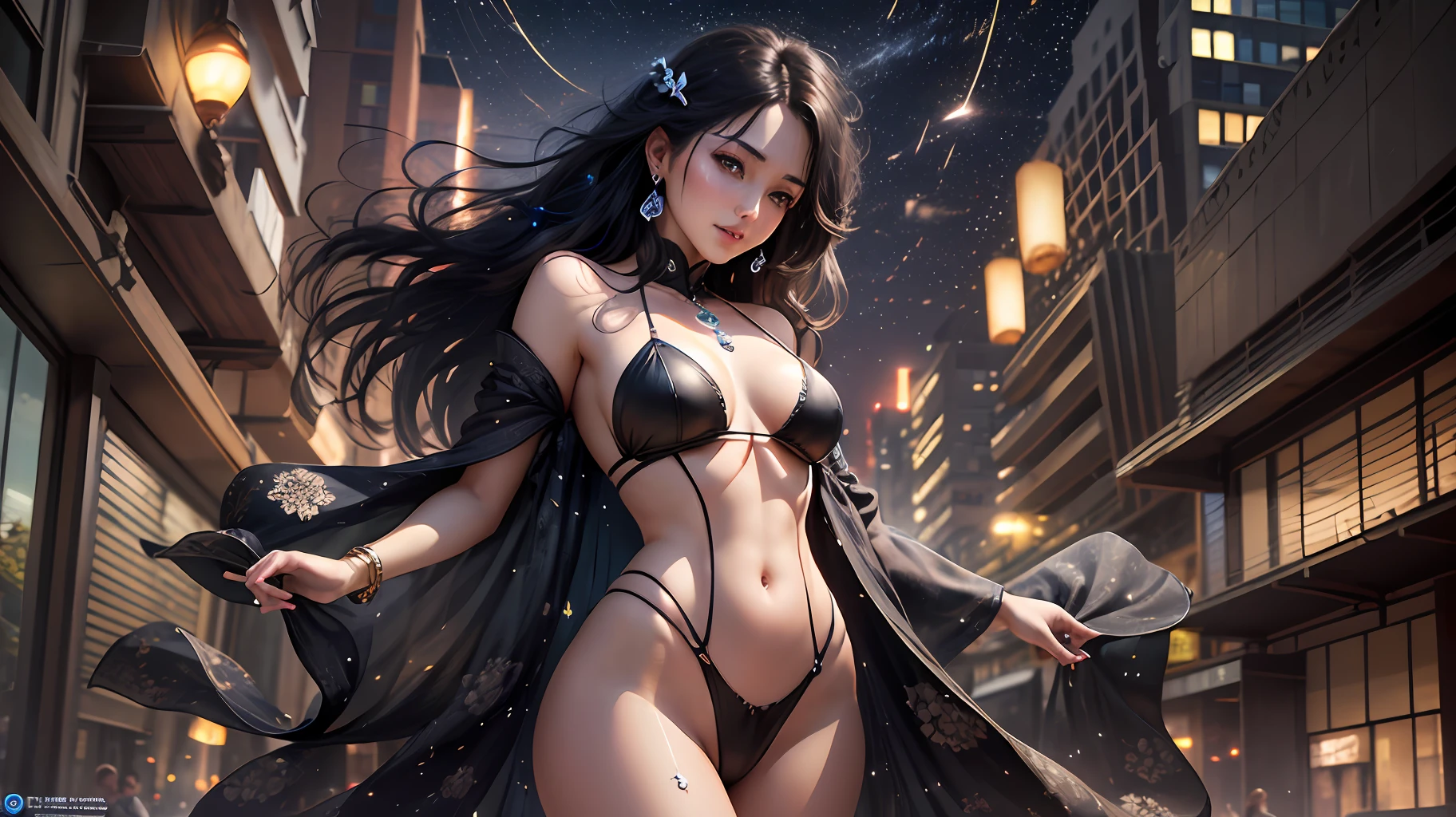 night,(night:1.8),(city lights:1.9),(black theme,),in summer,onsen,(nature:1.9),1girl,full body,black hair,very long hair,grin,sexy,unaligned breasts, dynamic angle,dynamic pose,outdoors,chinese style architecture,High color saturation,Color saturation,(jewelry:1.4),putting on jewelry,
ray tracing,cinematic lighting,(raw photo:1.2), (photorealistic:1.4), absurdres, incredibly absurdres, huge filesize , ultra-detailed, highres, extremely detailed,best quality ,masterpiece, illustration, an extremely delicate and beautiful, extremely detailed ,CG ,unity ,8k wallpaper, Amazing, finely detail, masterpiece,best quality, pureerosface_v1,ulzzang-6500-v1.1, --auto --s2