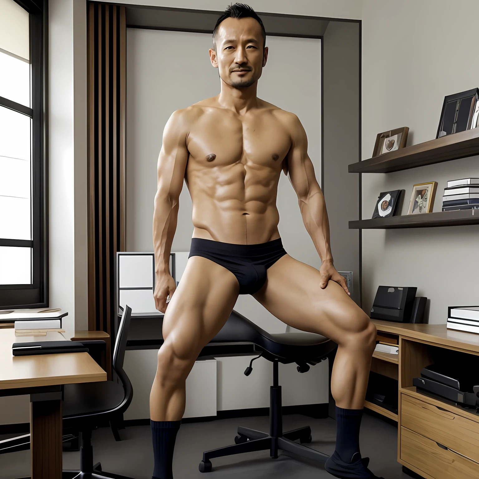 45 yers old，Hidetoshi Nakata，（Demo Mulroni 1.3），Shirtless，Tong，Bulge，office room，black long socks，Thin，musculature，lbeard，fortitude，artwork of a，tmasterpiece，k hd，ssmile