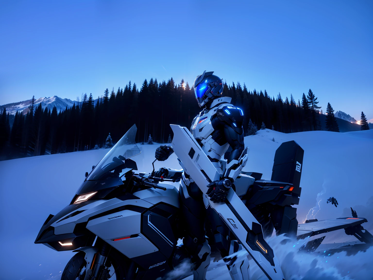 Handsome network, Handsome warrior, Full body mecha,Information mechanical motorcycle,High-tech black high-tech helmet,Nousr, Biomechanicals, MSHN Robot Man,High-tech helmet,hyper realisitc, Steel, Complex design, insanely details, finely detailled, Extremely clear lines, cinmatic lighting, photograph realistic, A detailed masterpiece