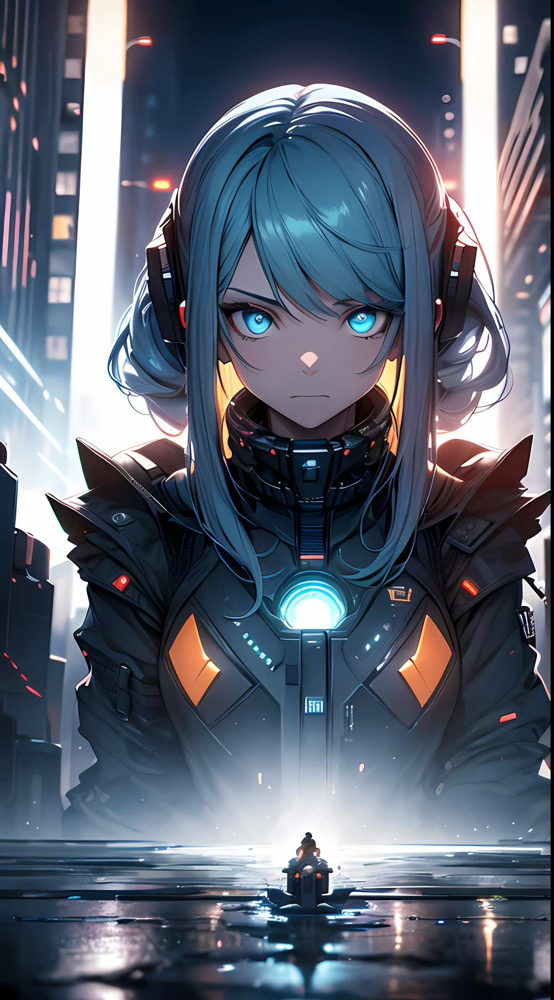 ((best qualtiy)), ((tmasterpiece)), (the detail:1.4), 3D, A beautiful cyberpunk female image,hdr(HighDynamicRange),Ray traching,NVIDIA RTX,Hyper-Resolution,Unreal 5,Subsurface scattering、PBR Texture、post-proces、Anisotropy Filtering、depth of fields、maximum definition and sharpness、Many-Layer Textures、Albedo e mapas Speculares、Surface coloring、Accurate simulation of light-material interactions、perfectly proportions、rendering by octane、Two-colored light、largeaperture、Low ISO、White balance、the rule of thirds、8K raw data、Kizi,(Indifferent expression),(Glowing blue eyes:1.331),grey long hair,(Cyberpunk Style),in a panoramic view,城市,nighttime scene,neonlight,(the motorcycle),(Ride),Long flowing hair,
