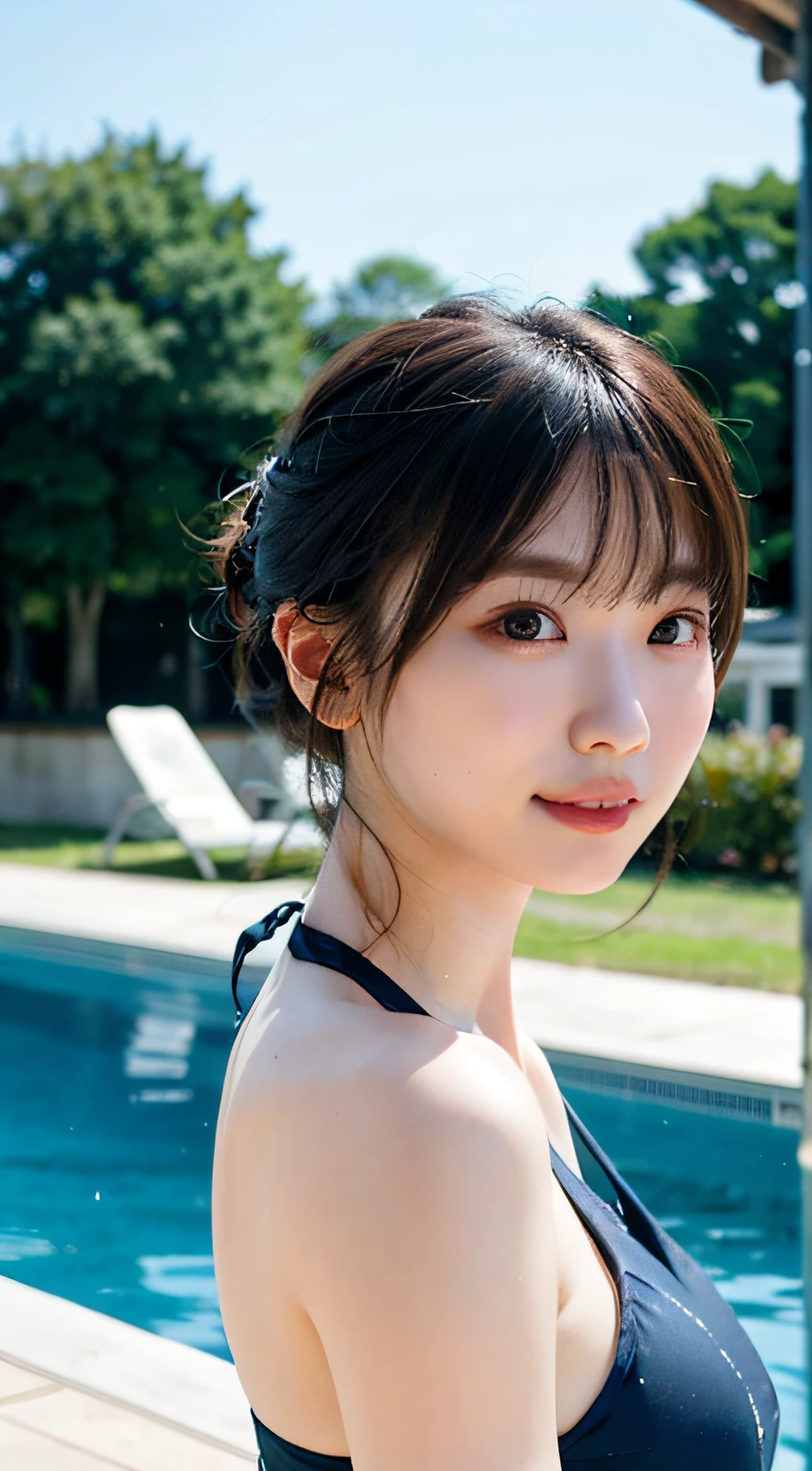 top-quality、女の子 1 a person、large full breasts、tag、with light glowing、blur backgroun、bokeh dof、swimming pools)、(a person々、Large crowds:1)、Tight swimsuit、White One Piece Swimsuit、a gorgeous(short-hair、Forehead:1.0)、Sareme、Beautiful sky with details、wetting hair、 (The upper part of the body:0.8)、Soft lighting、the wind、glowy skin、