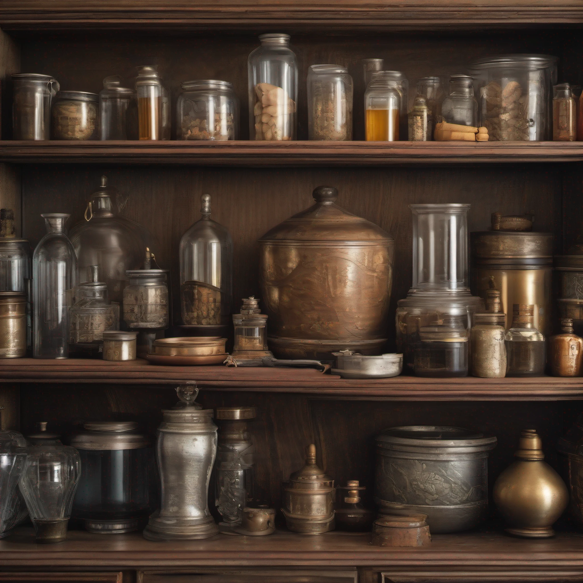 detailed photorealistic orthogonal front view of shelver with antique historical creative things, flacules, jars, glasses, bottles, scales, dishes, cinematic lighting, contrast lighting, dslr, photorealistic, hyperrealistic, lifelike texture, insanely intricate details, amazing fine detail, hyper detailed, sharp focus, ultra high res, photographed with Nikon d5600 f5.6 lens 500mm, Kodak portra 400, RAW