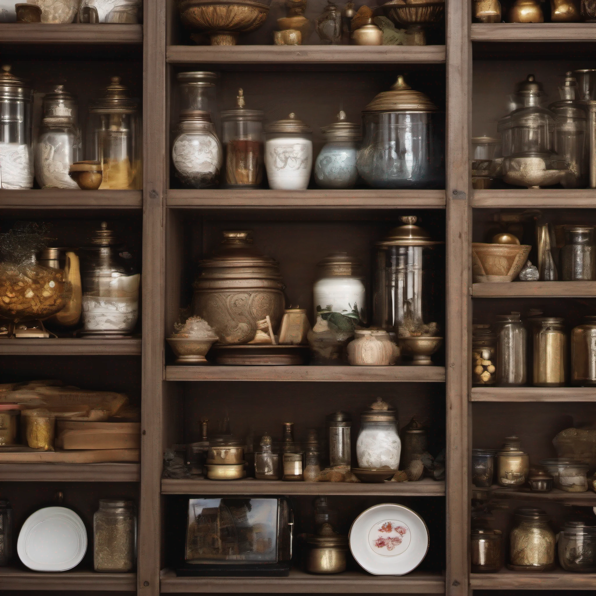 detailed photorealistic orthogonal front view of shelver with antique historical creative things, flacules, jars, glasses, bottles, scales, dishes, cinematic lighting, contrast lighting, dslr, photorealistic, hyperrealistic, lifelike texture, insanely intricate details, amazing fine detail, hyper detailed, sharp focus, ultra high res, photographed with Nikon d5600 f5.6 lens 500mm, Kodak portra 400, RAW