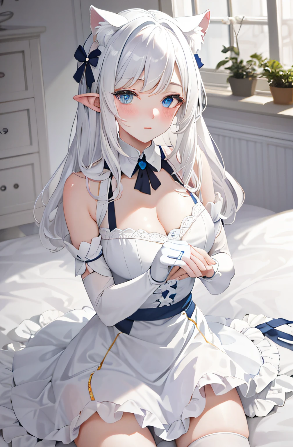 Lazy wind,wide blue eyes,White hair,Dull hair,Beast-eared maiden,White tones,sitted,1girll,Solo,adolable,white dresses,Big hazy eyes,Facial details are exquisite,Beth,onbed,Impeccable,Cute pose,Cartoon cute cat's paw gloves