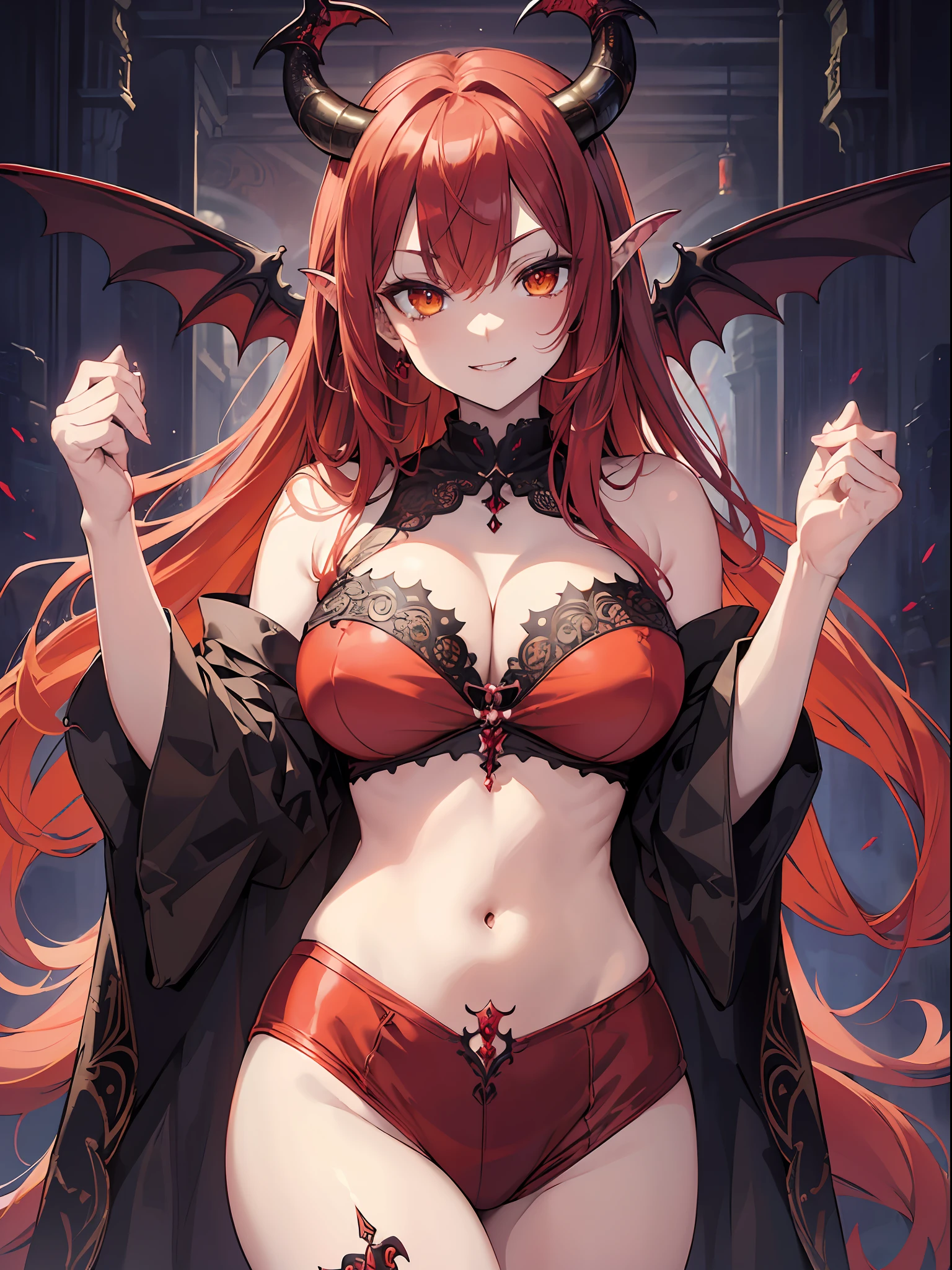 (masterpiece、top-quality、8K,intricate detailes),1 goal,beautifull detailed face,Red hair,yellow eyes、( (Succubus :1.4)),Demon horn,demon tail,(Seductive smile :1.1),Tube Top,beautiful and detailed eyes,super fine illustration,cleavage,large boob,Bare navel,Intricate details, Hyper realistic, Perfect Anatomy