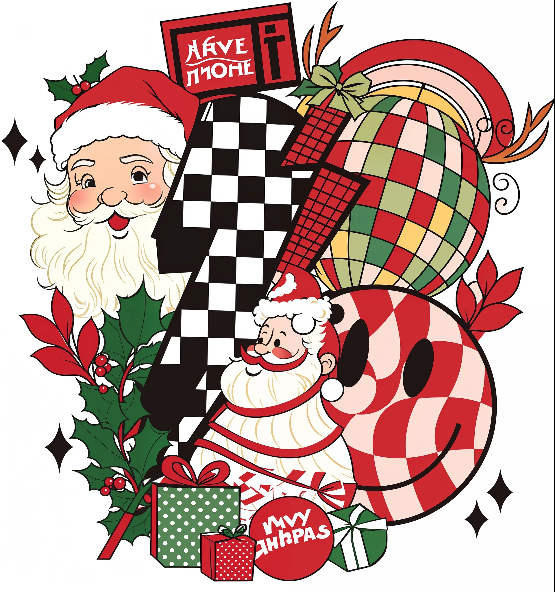 There is a Christmas card,It has Santa Claus and other festive items on it, Official artwork, 🪔 🎨;🌞🌄, K, 2D, 2 d, promo art, various artists, Official illustration, 5 d, 5D, q, Gifts, promotional artwork, offcial art, hq artwork, official fanart, kda, made with illustrator, screengrab,Vintage illustration,Retro,Graphic illustration,planar