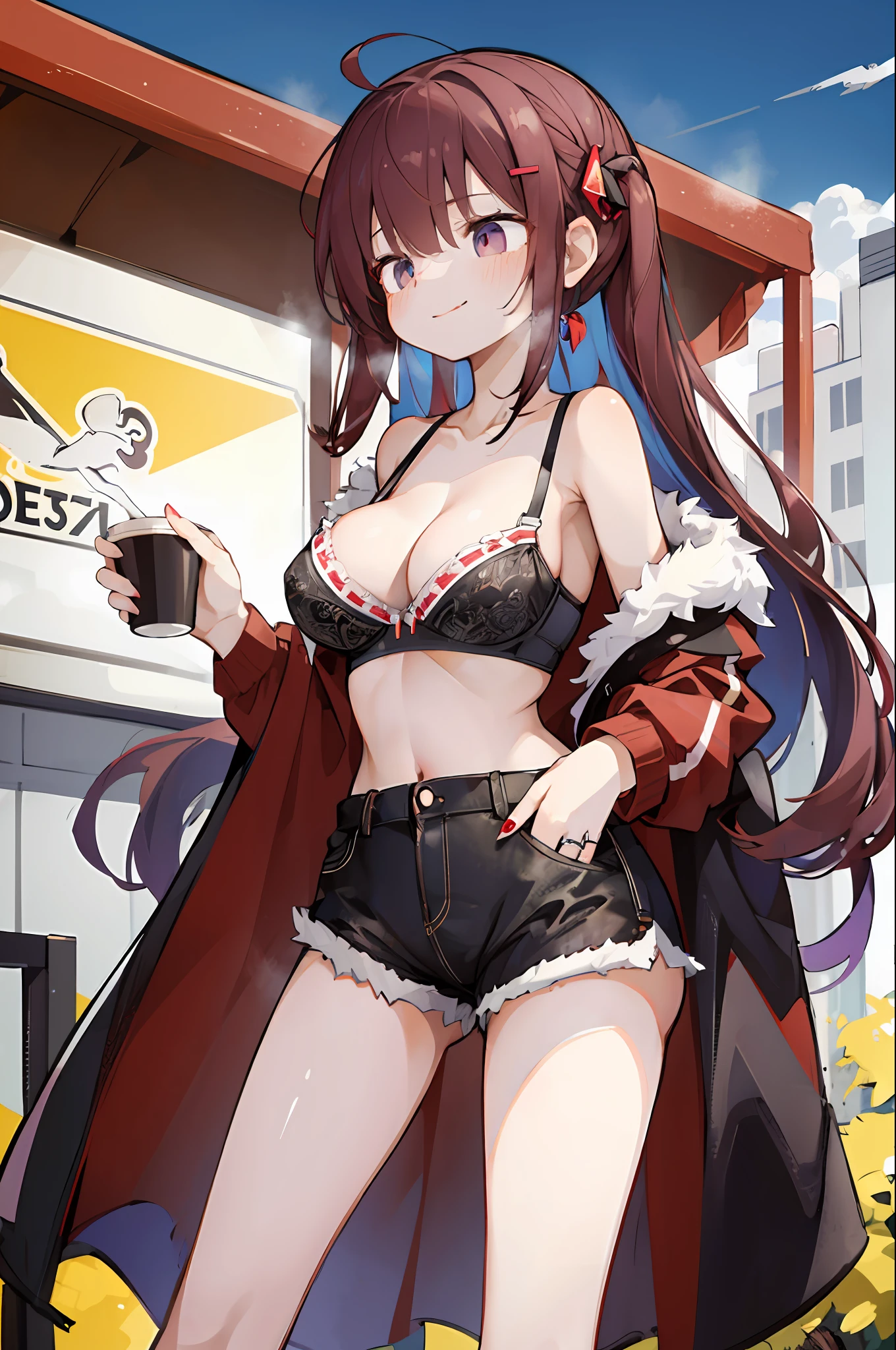 (Masterpiece, Best Quality:1.3), NSFW1girl, autumn, autumn_leaves, bare_shoulders, black_shorts, bra, bra_strap, bra_visible_through_clothes, breasts, brown_hair, character_name, cleavage, coat, coffee, coffee_cup, collarbone, cowboy_shot, cup, disposable_cup, earmuffs, freckles, fur-trimmed_coat, fur_trim, hand_in_pocket, holding, holding_cup, huge_breasts, jacket, jewelry, legs_together, light_smile, lips, lipstick_mark, long_hair, looking_away, looking_to_the_side, nail_polish, off_shoulder, open_clothes, open_coat, purple_eyes, red_hair, red_nails, red_shirt, ring, shirt, short_shorts, shorts, smile, solo, standing, tank_top, taut_clothes, thick_thighs, thighs, underwear, wedding_band, wedding_ring, white_bra, white_coat, zipper