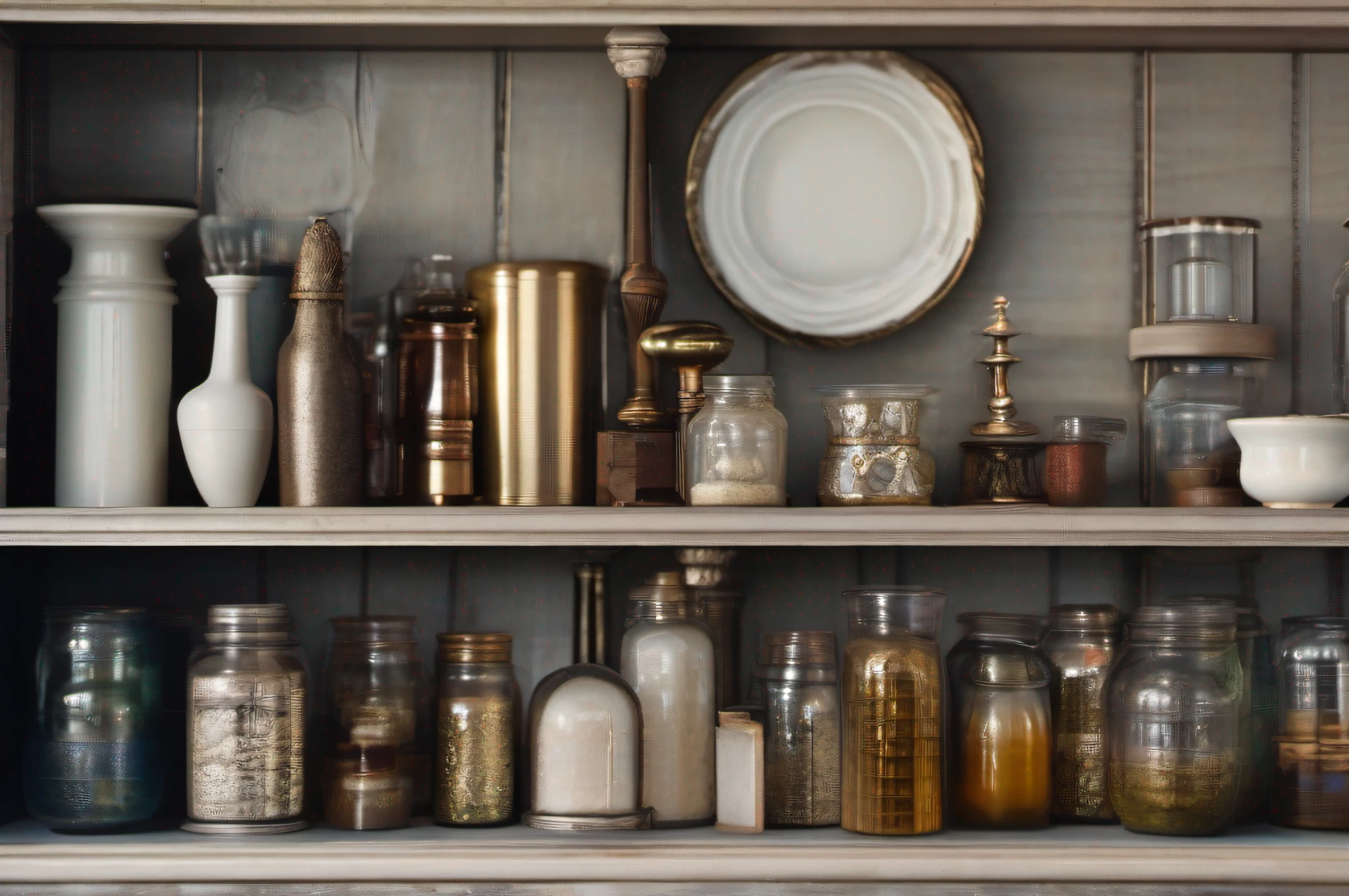 close up photo detailed photorealistic orthogonal front view of shelver with historical alchemic flacules, jars, glasses, bottles, dishes, cinematic lighting, contrast lighting, dslr, photorealistic, hyperrealistic, lifelike texture, insanely intricate details, amazing fine detail, hyper detailed, sharp focus, ultra high res, photographed with Nikon d5600 f5.6 lens 500mm, Kodak portra 400, RAW,